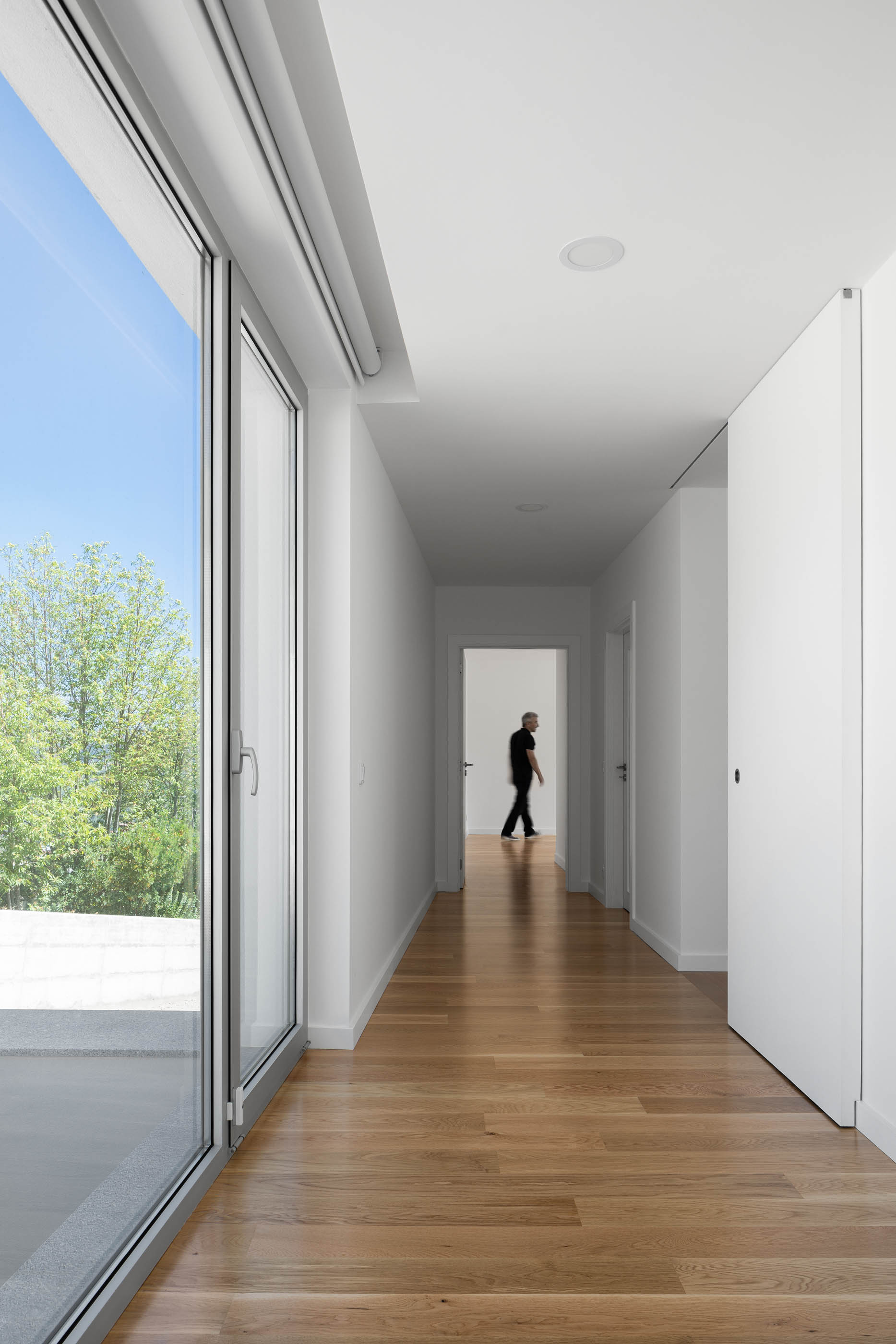 Corredor interior com chão de madeira, paredes brancas e porta envidraçada. — Casa em Lamego arquitetura António Ildefonso Arquitectura em Portugal