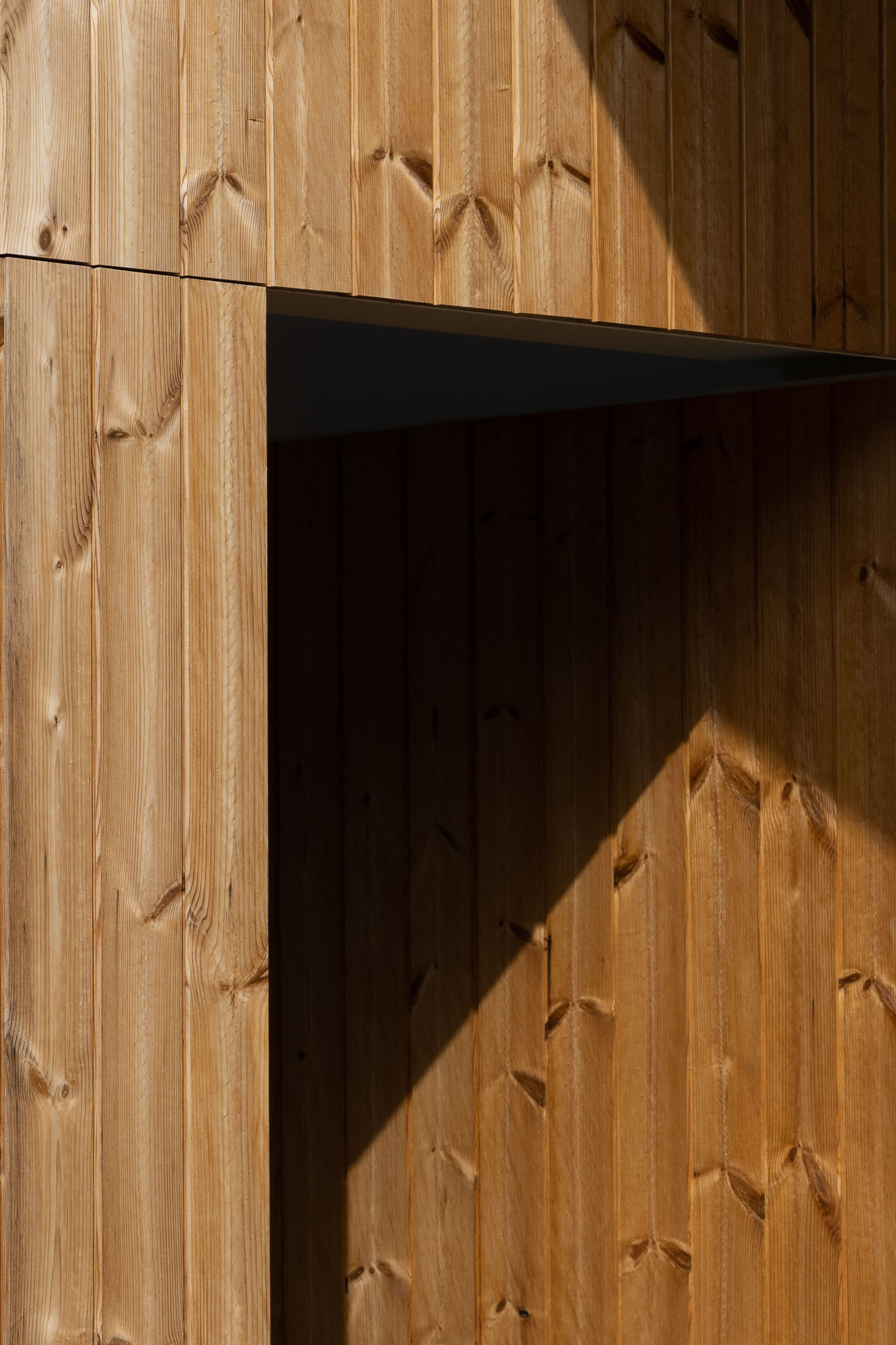 Detalhe da porta de entrada em madeira clara com ripas verticais e sombra diagonal. — Casa H1 arquitetura Bruno H Gomes Arquitectura em São João da Madeira