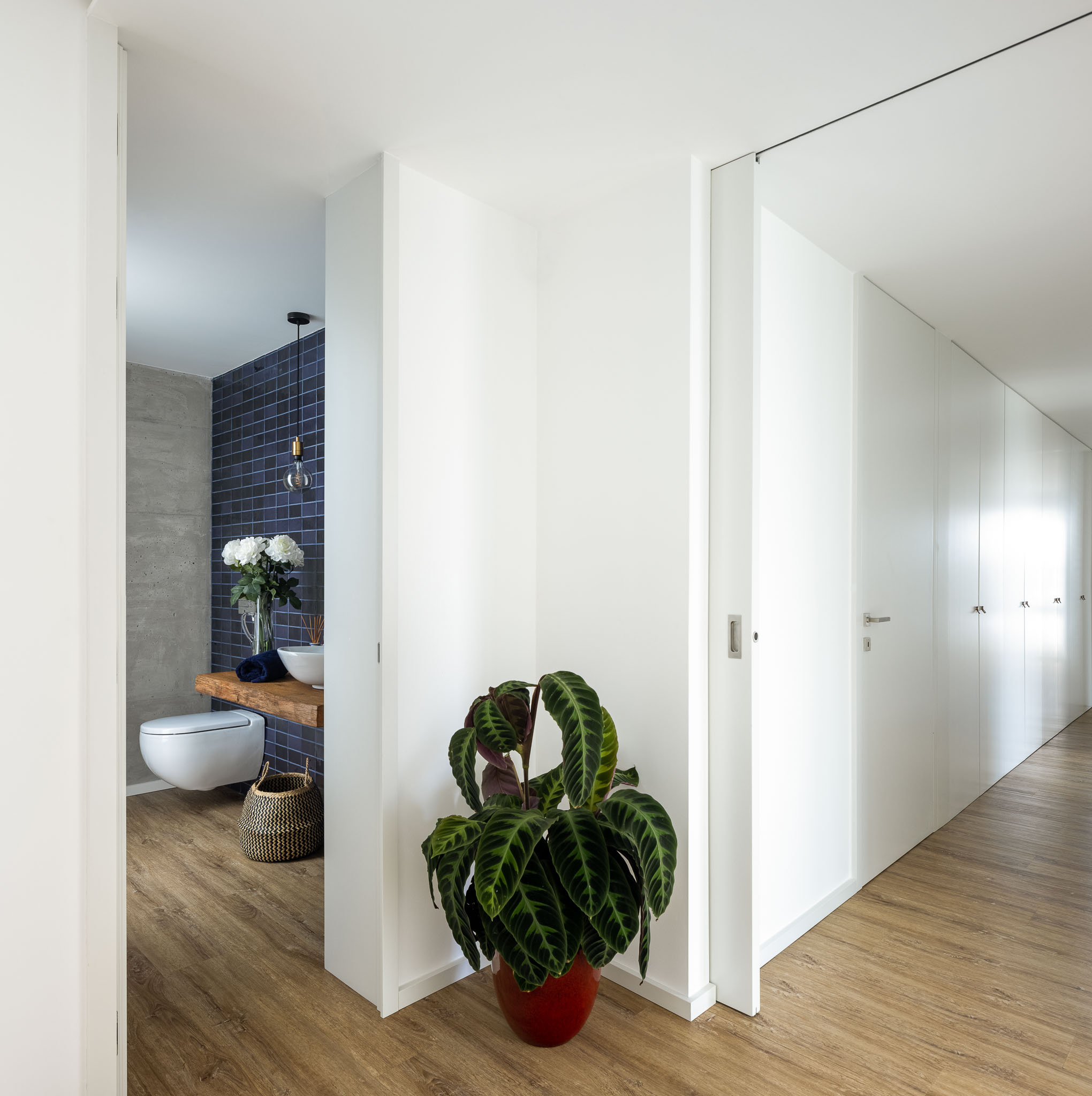 Corredor com armários brancos embutidos, porta para casa de banho com azulejos azuis e pavimento em madeira clara. — Casa H1 arquitetura Bruno H Gomes Arquitectura em São João da Madeira