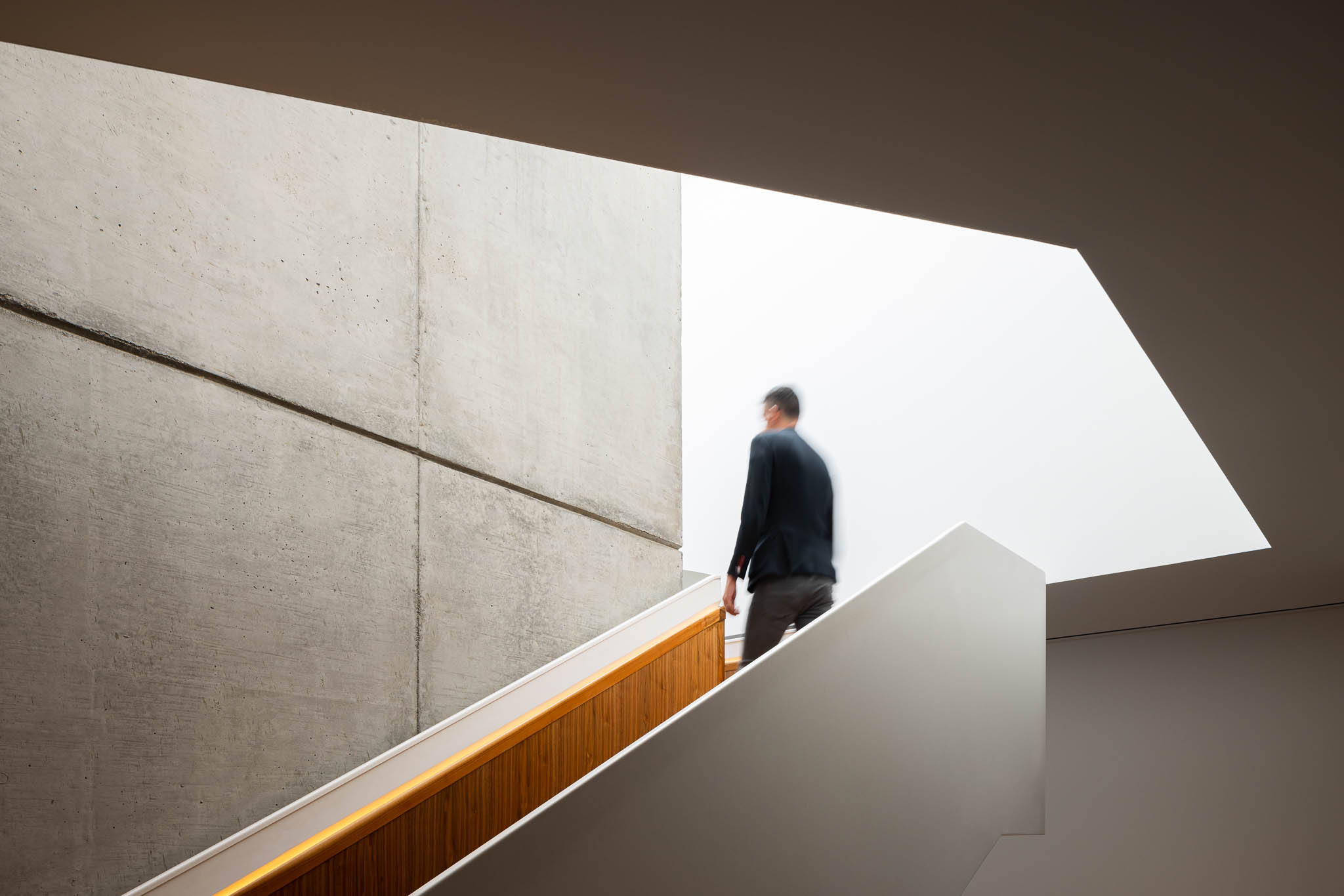 Escada com degraus em madeira, parede em betão aparente e luz zenital, com corrimão branco. — Casa PS arquitetura Inception Architects Studio em Braga