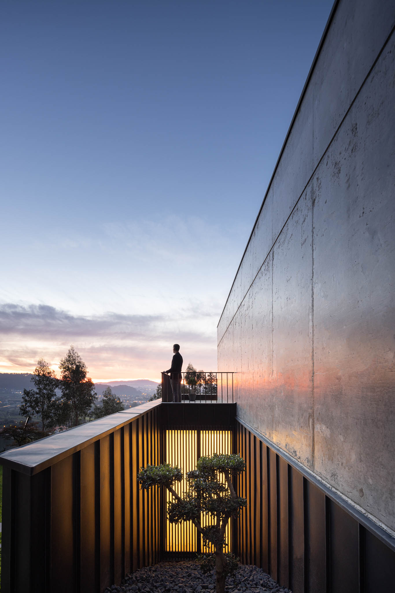 Vista exterior da casa com revestimento em betão, zinco preto e jardim interior com árvore. — Casa PS arquitetura Inception Architects Studio em Braga
