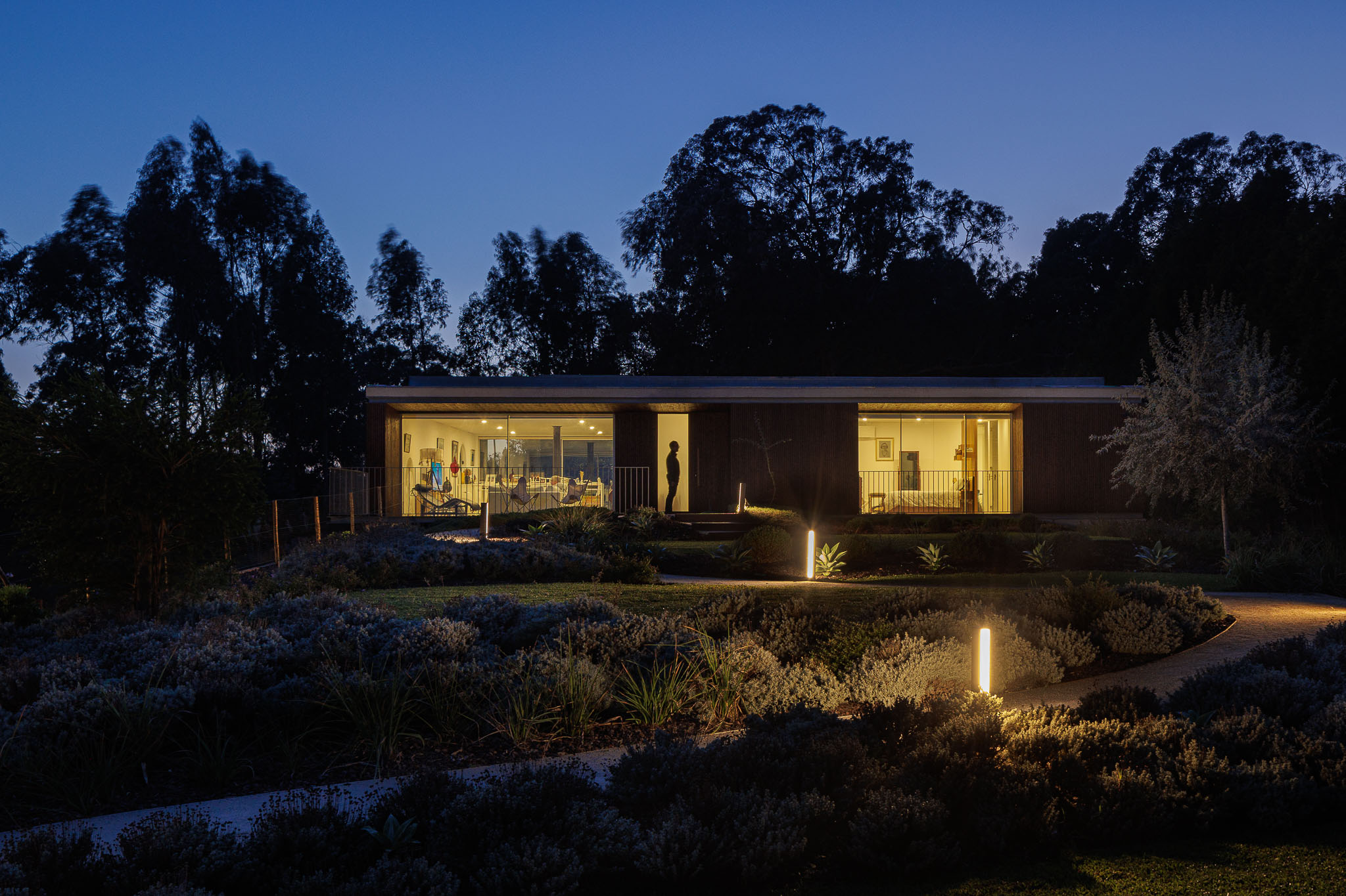 Exterior da casa à noite, com iluminação no jardim, fachada em madeira e vegetação densa. — Casa na Torreira arquitetura Nu.ma em Torreira