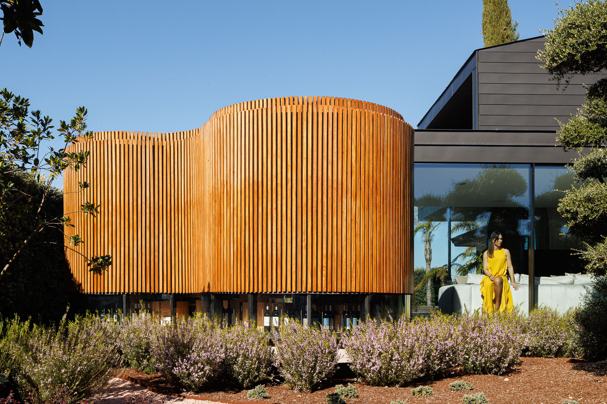 Exterior: Fachada revestida a ripas de madeira com janelas panorâmicas e vegetação rasteira. — Casa de Lavra arquitetura Ricardo Azevedo Arquitecto em Matosinhos