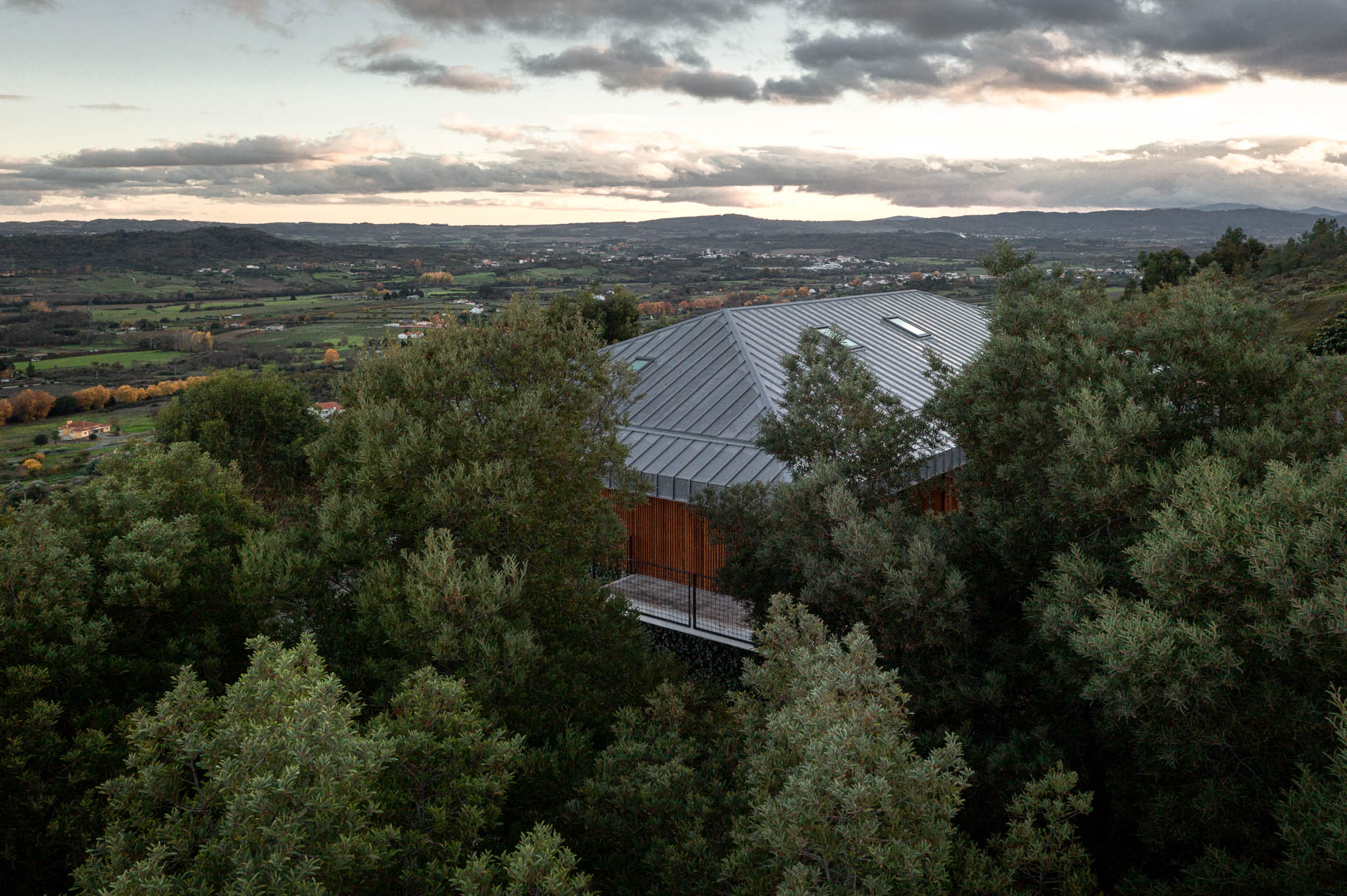 Exterior: Vista da casa de campo no meio da vegetação, com telhado metálico e revestimento em madeira. — The Vagar – Country House arquitetura David Bilo Arquitectos e Filipe Pina Arquitectura em Belmonte