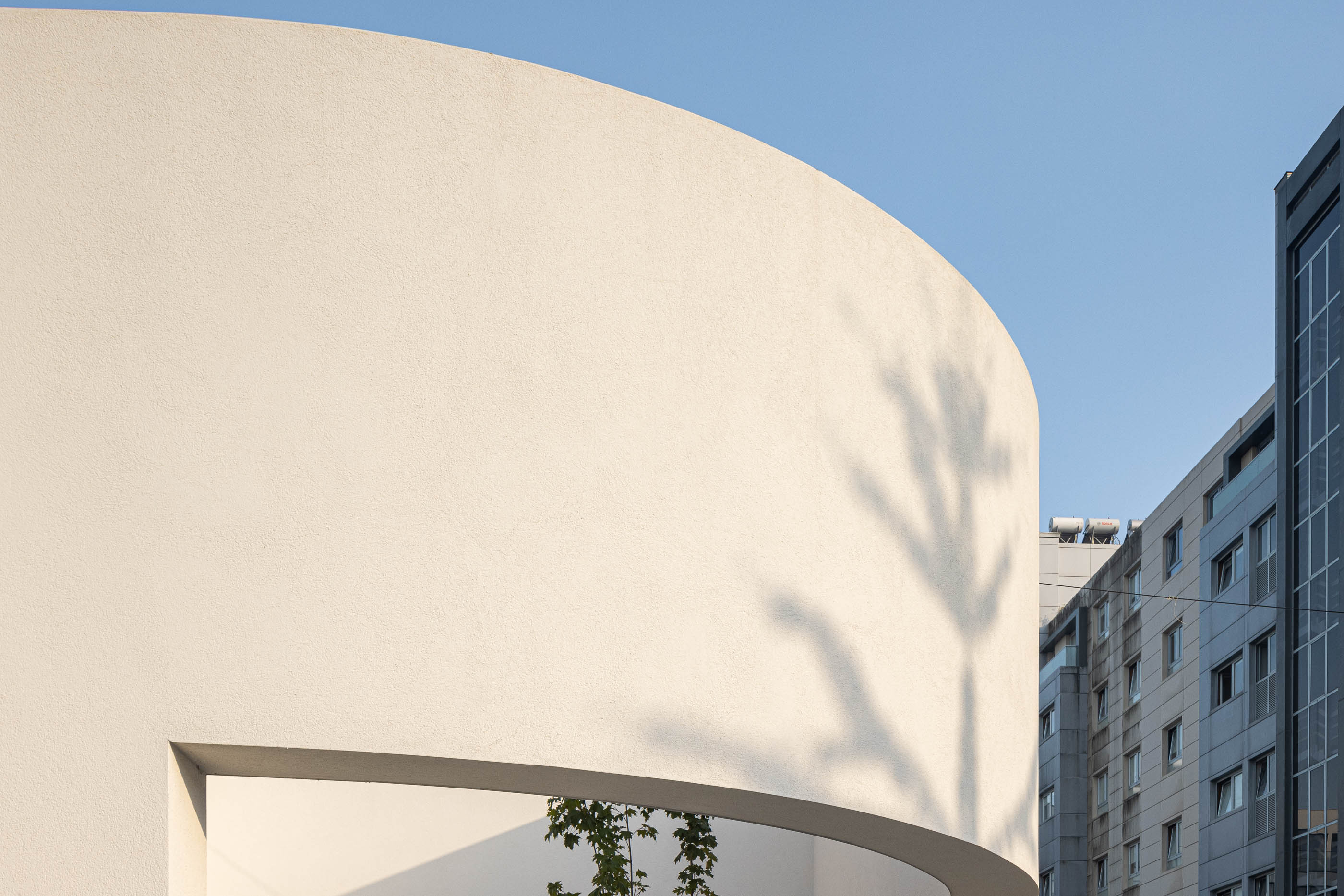 Exterior: Detalhe da fachada branca com jardim interior e iluminação exterior. — Farmácia da Devesa arquitetura Tsou Arquitectos em Vila Nova de Famalicão