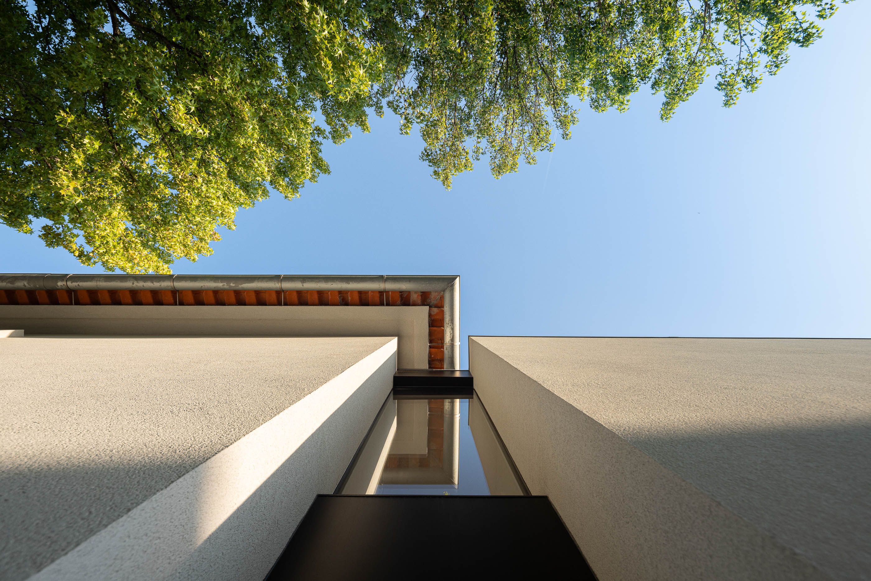 Exterior: Vista de baixo para cima da fachada da casa, com céu azul e vegetação. — Casa IMLA arquitetura Luppa em Porto