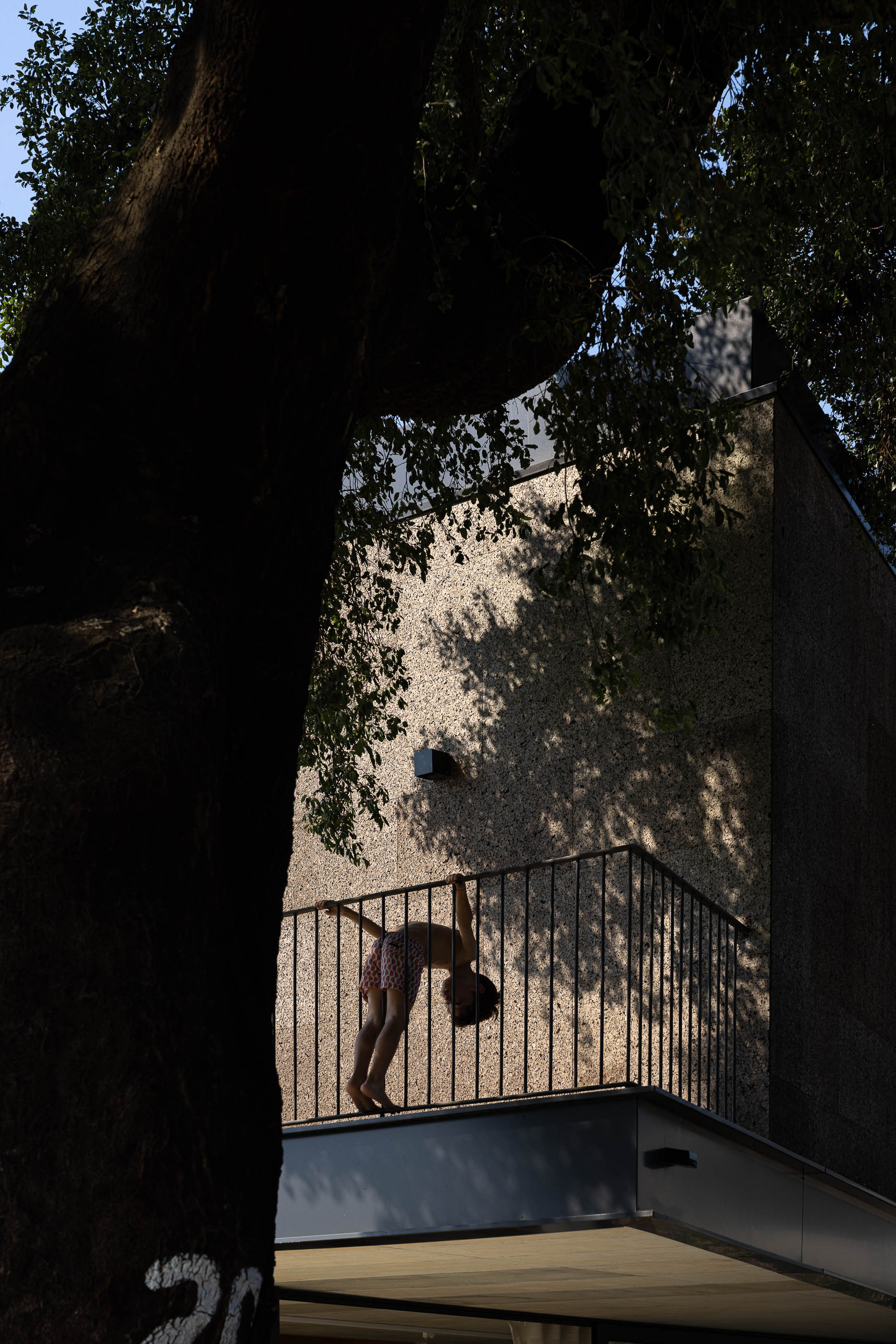 Exterior: Criança na varanda com escada em caracol, com vista para o jardim e vinhas. — Casa do Sobreiro arquitetura Skemba - Arquitectura e Engenharia em Amarante