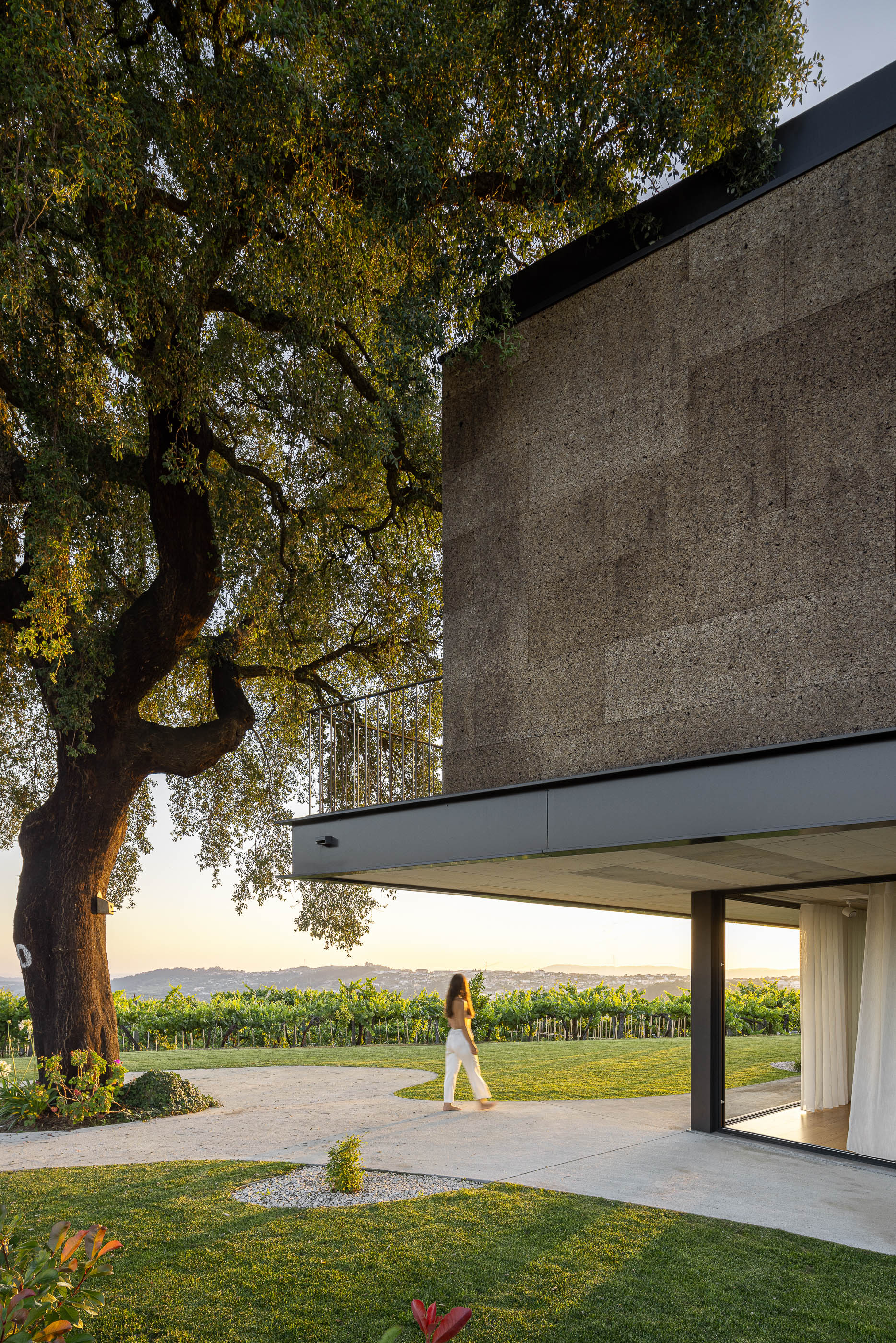 Exterior: Vista da fachada com revestimento de cortiça e tijolo preto, com sobreiro e vinhas ao fundo. — Casa do Sobreiro arquitetura Skemba - Arquitectura e Engenharia em Amarante