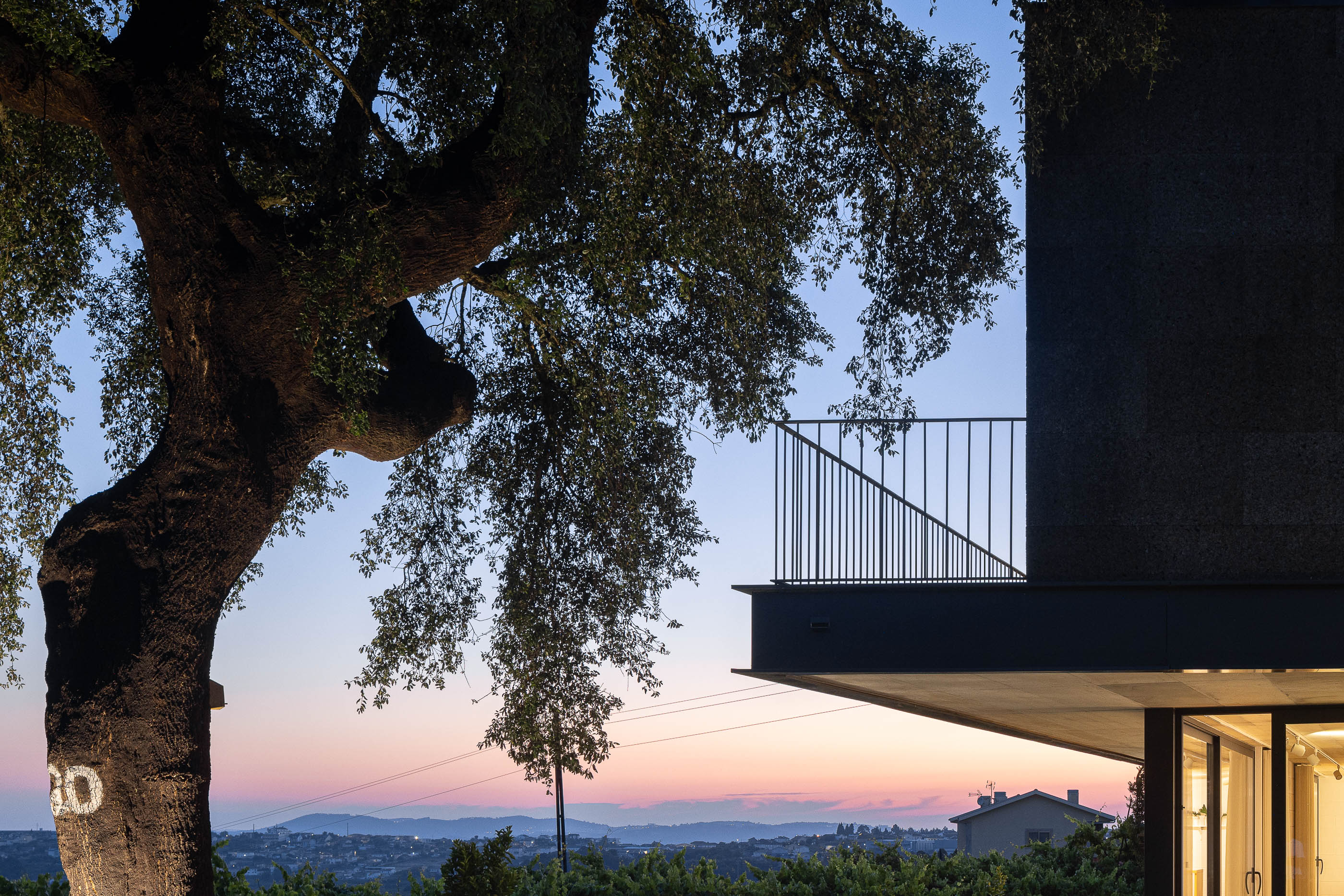 Exterior: Vista da casa iluminada ao entardecer, com revestimento de cortiça e tijolo preto, com sobreiro e jardim. — Casa do Sobreiro arquitetura Skemba - Arquitectura e Engenharia em Amarante