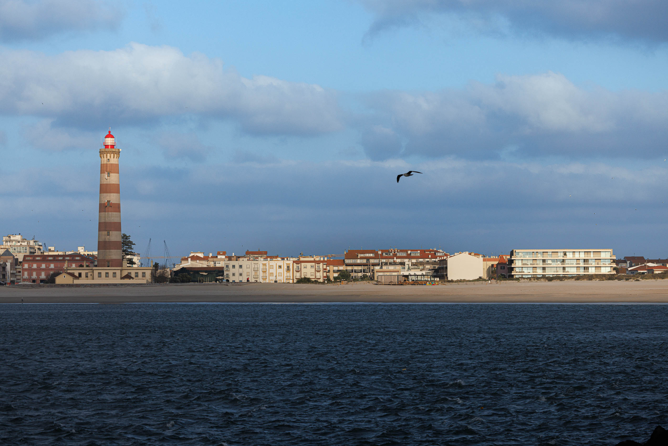 Paisagem: Vista panorâmica da praia da Barra com o farol e o edifício ao fundo. — Edifício LUX arquitetura Mário Alves Arquitecto em Ílhavo