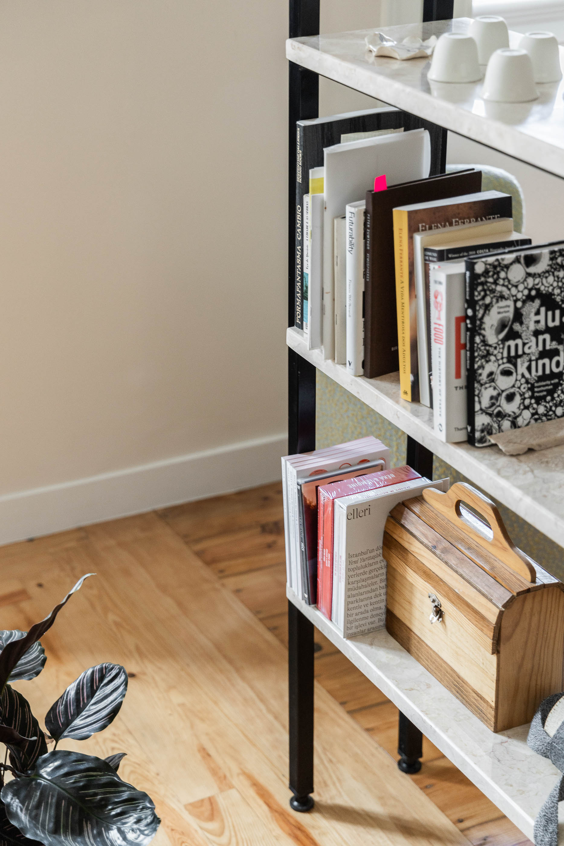 Sala: Detalhe da estante com livros e objectos decorativos, pavimento em madeira. — Apartamento da Penha arquitetura Paulo Moreira Architectures em Lisboa