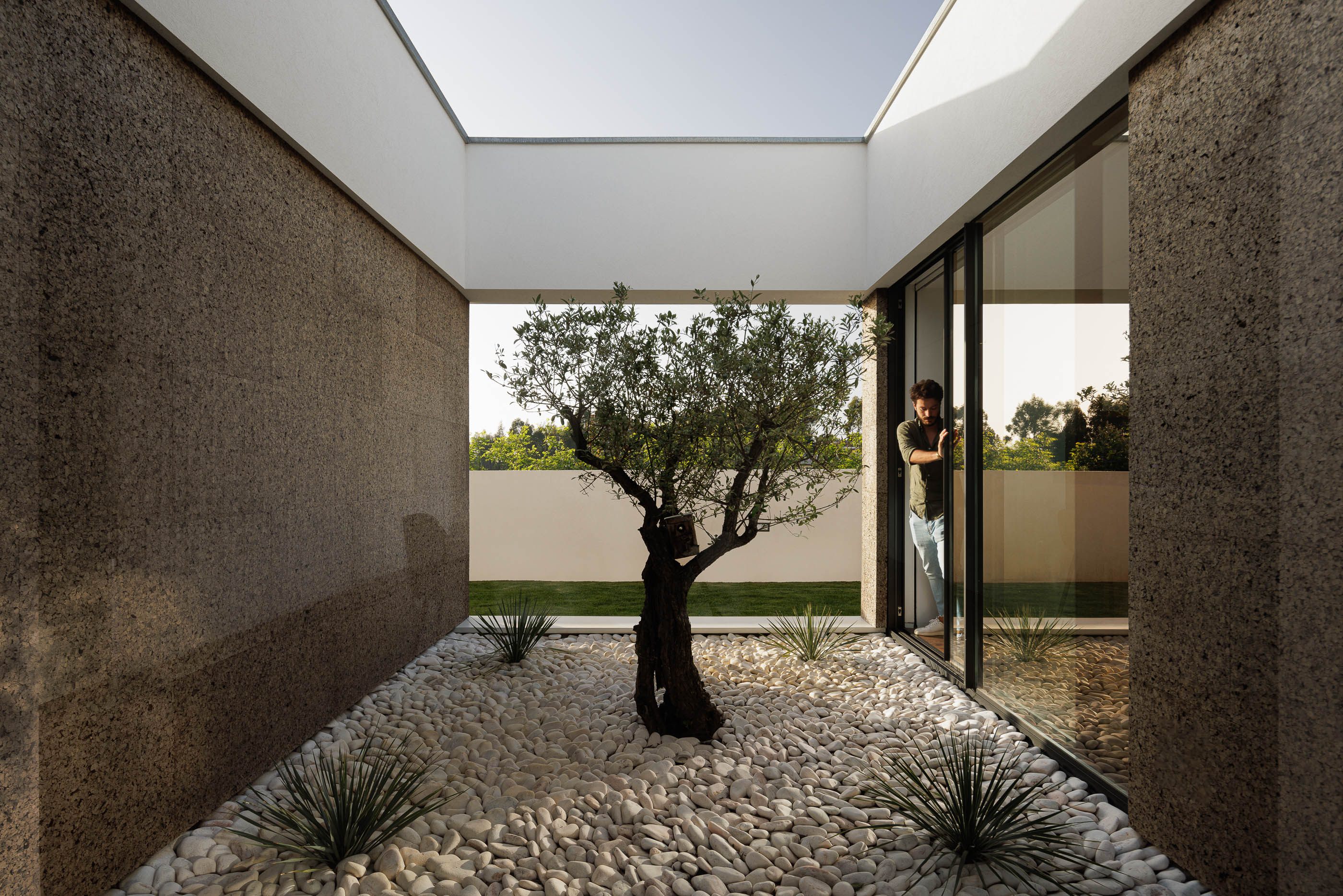 Pátio: Homem a olhar para o jardim através da janela do pátio interior revestido a cortiça e calhau branco. — Casa AS arquitetura Mário Alves Arquitecto em Santa Maria da Feira