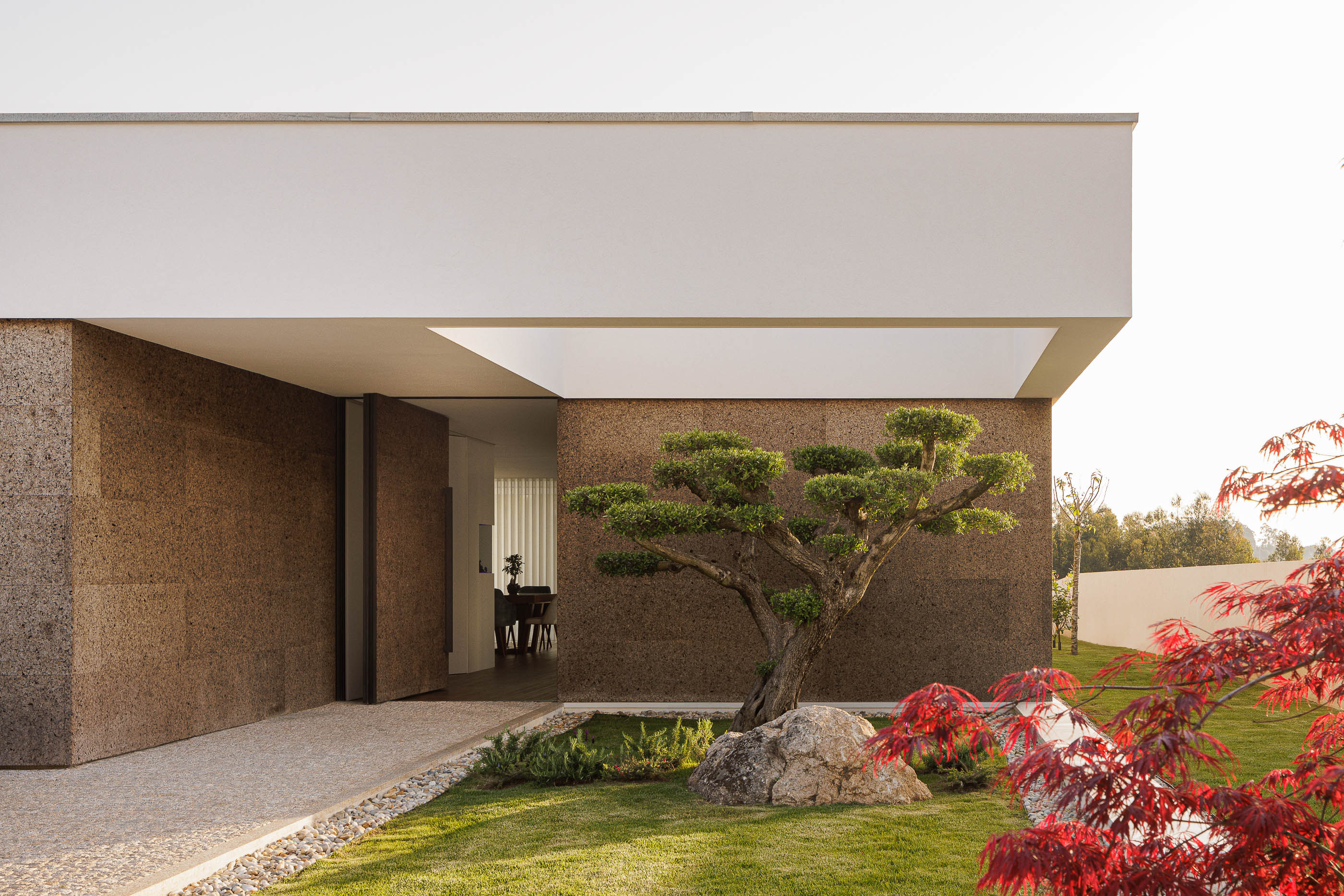 Fachada: Vista frontal da moradia com jardim, oliveira e revestimento em cortiça. — Casa AS arquitetura Mário Alves Arquitecto em Santa Maria da Feira