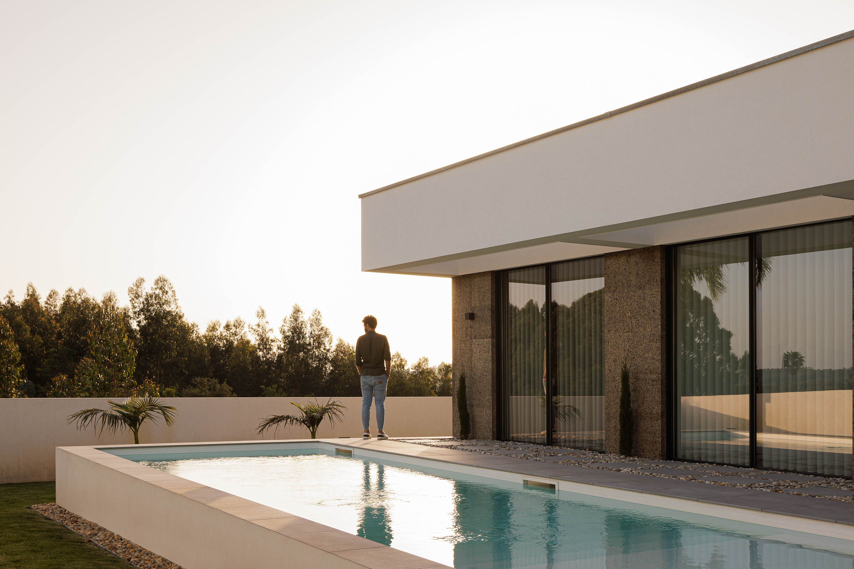 Piscina: Piscina retangular com borda infinita, relvado e fachada da moradia com janelas rasgadas. — Casa AS arquitetura Mário Alves Arquitecto em Santa Maria da Feira