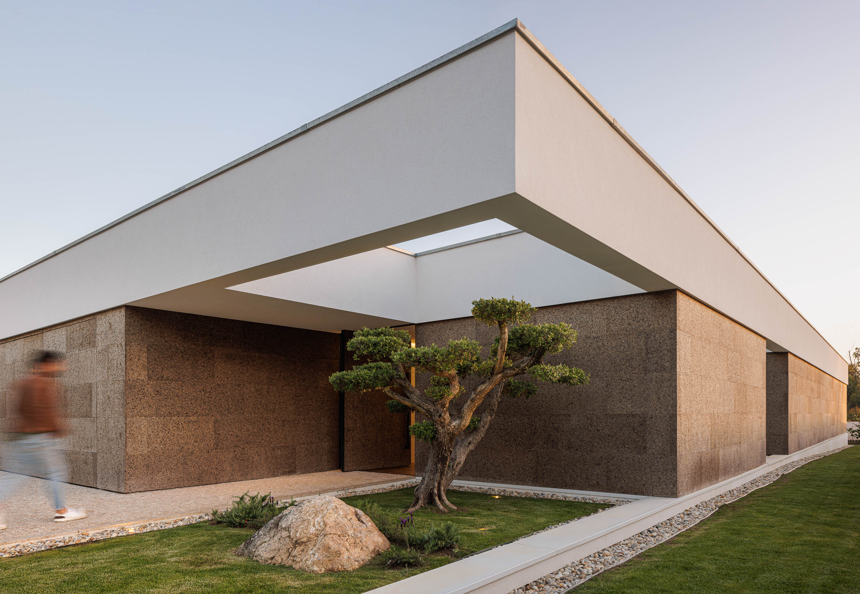 Fachada: Moradia térrea com revestimento em cortiça, volume branco superior e pátio interior com oliveira. — Casa AS arquitetura Mário Alves Arquitecto em Santa Maria da Feira
