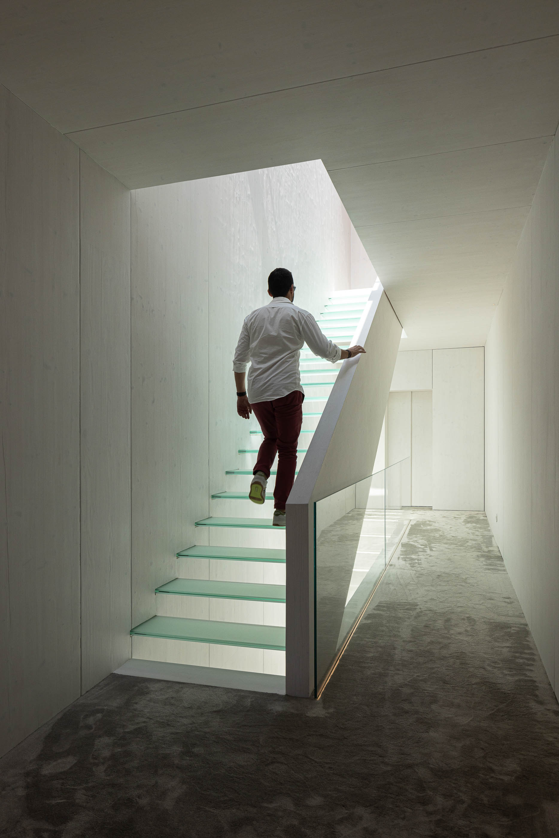 Escadas: Homem a subir as escadas com degraus em vidro, corredor com alcatifa cinzenta. — Casa do Parque arquitetura Paulo Martins Arquitectura e Design em Aveiro