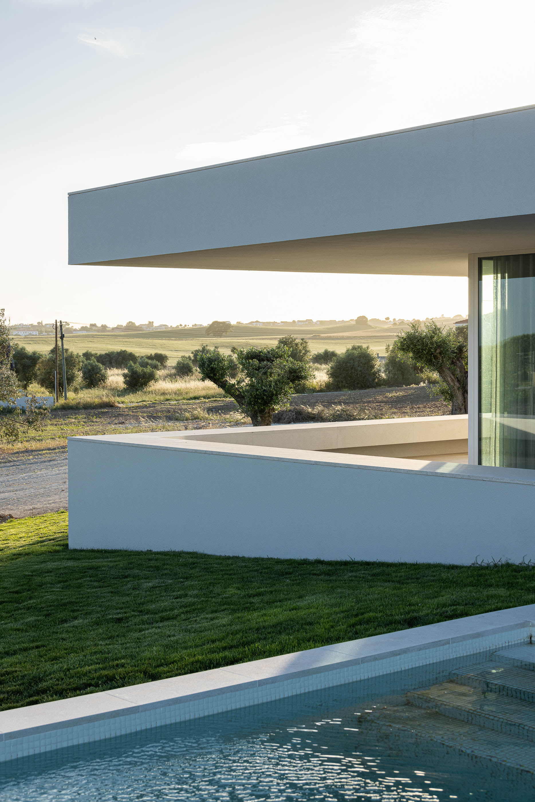 Exterior: Detalhe da fachada da casa com vista para a paisagem rural e oliveiras. — Casa na Romeira arquitetura dp arquitectos em Santarém
