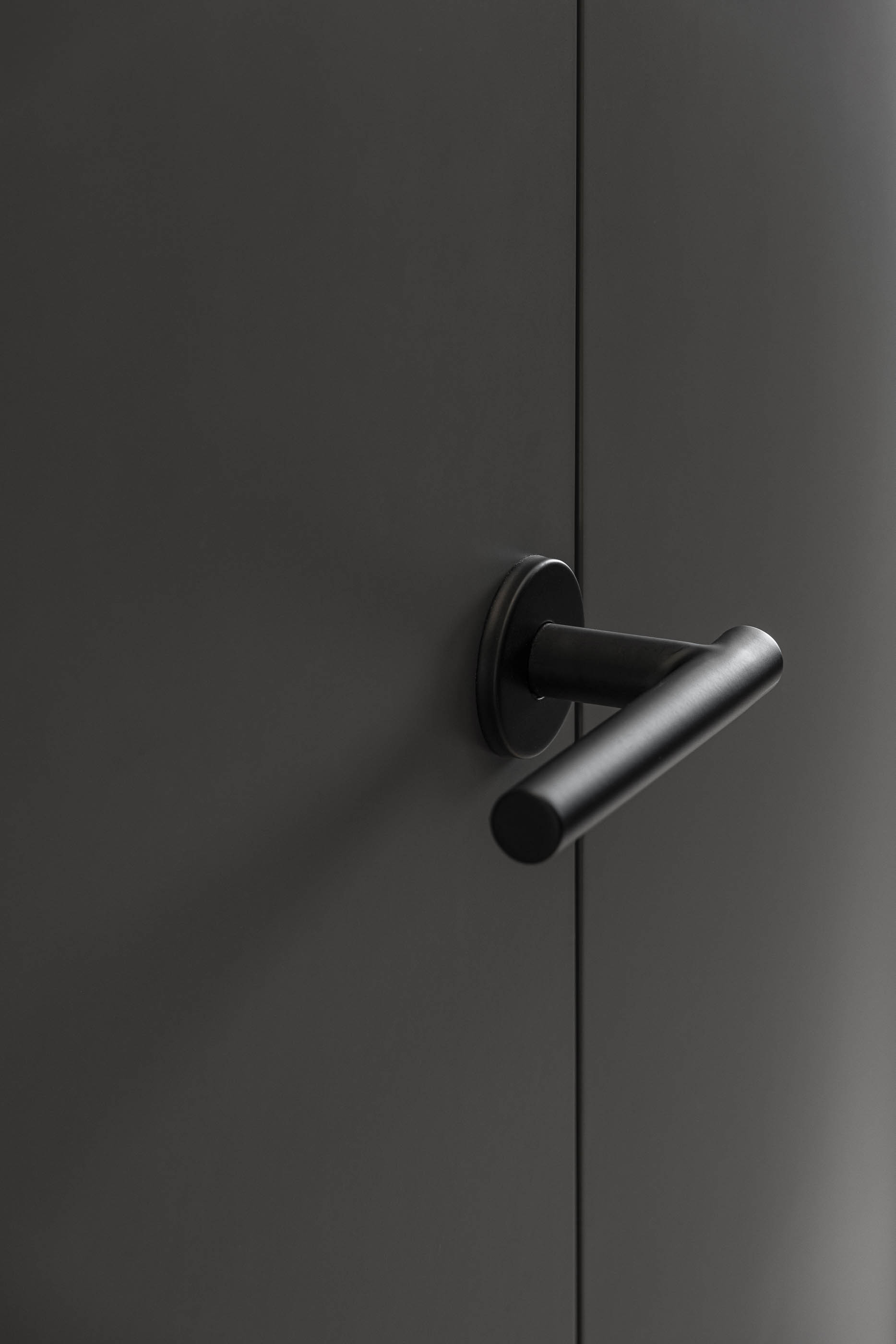 Corredor, detalhe de porta cinzenta com puxador preto. — Reforma apartamento CP em Avilés arquitetura David Olmos Arquitectos em Avilés