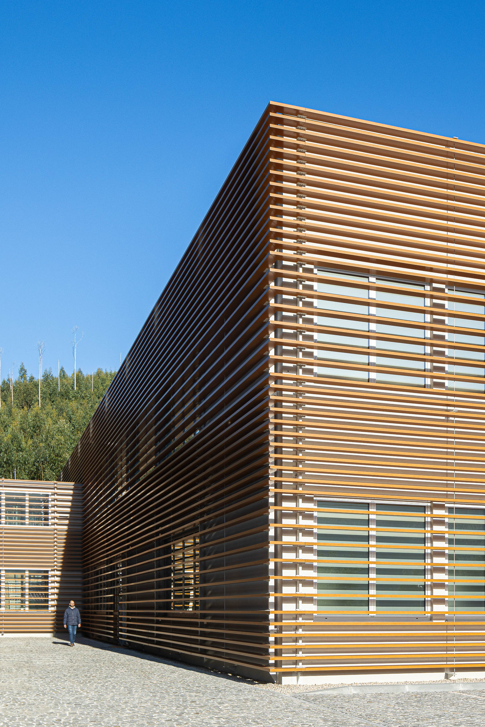 Fachada: Perspectiva angular do edifício industrial com revestimento em ripas de madeira e pavimento em calçada. — Unidade Industrial OROPOL arquitetura Em Paralelo em Castelo de Paiva