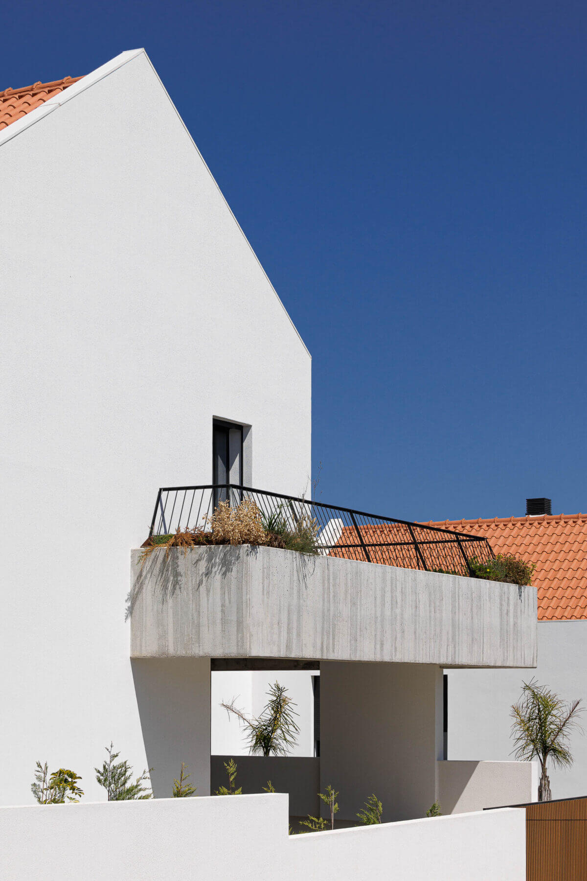 Fachada: Vista lateral da varanda em betão aparente com vegetação, janela preta e telhado cerâmico da moradia vizinha. — Casas BD arquitetura Esquissos Arquitectura em Sintra