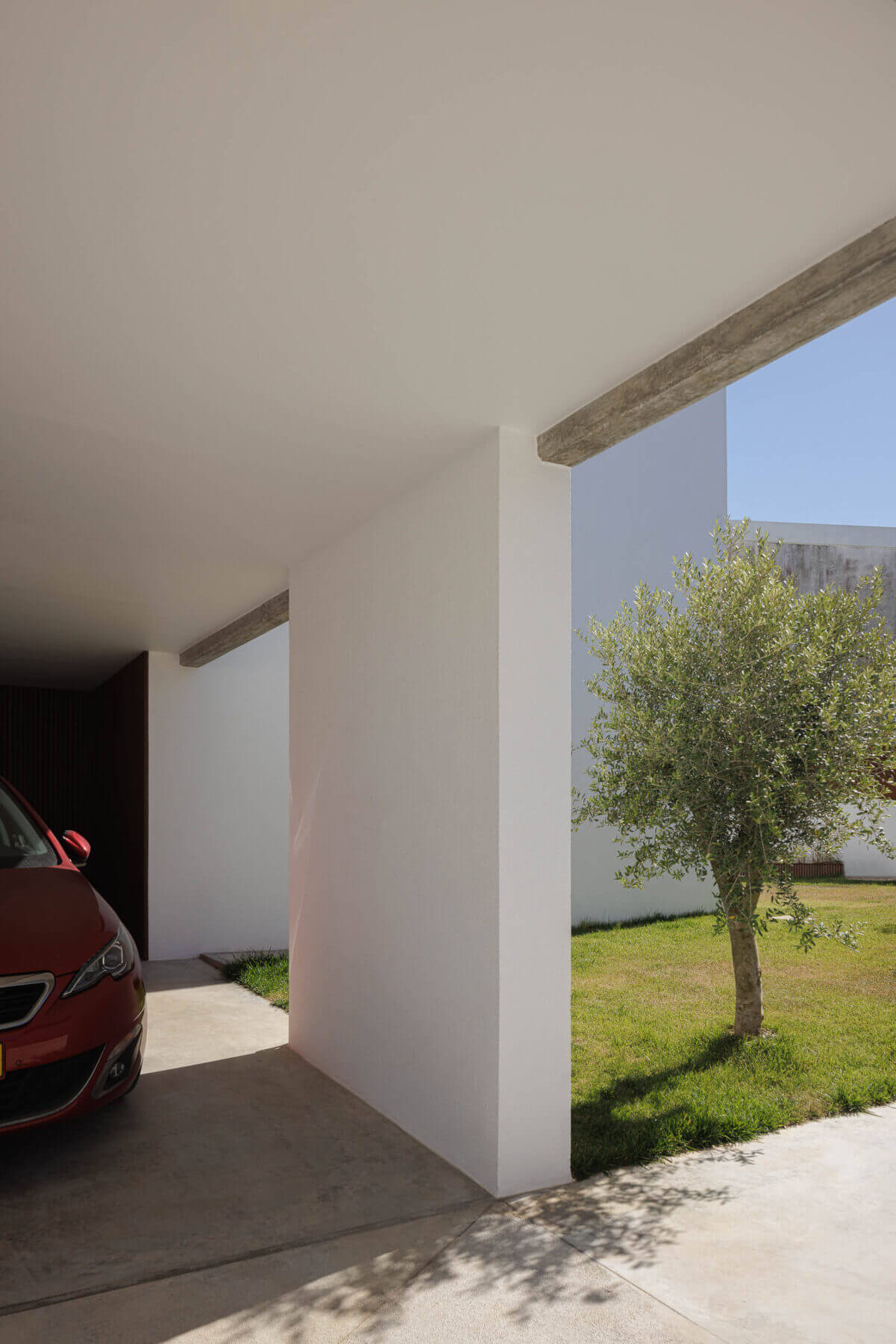 Garagem: Espaço coberto com pavimento em betão, oliveira e carro vermelho. — Casas BD arquitetura Esquissos Arquitectura em Sintra