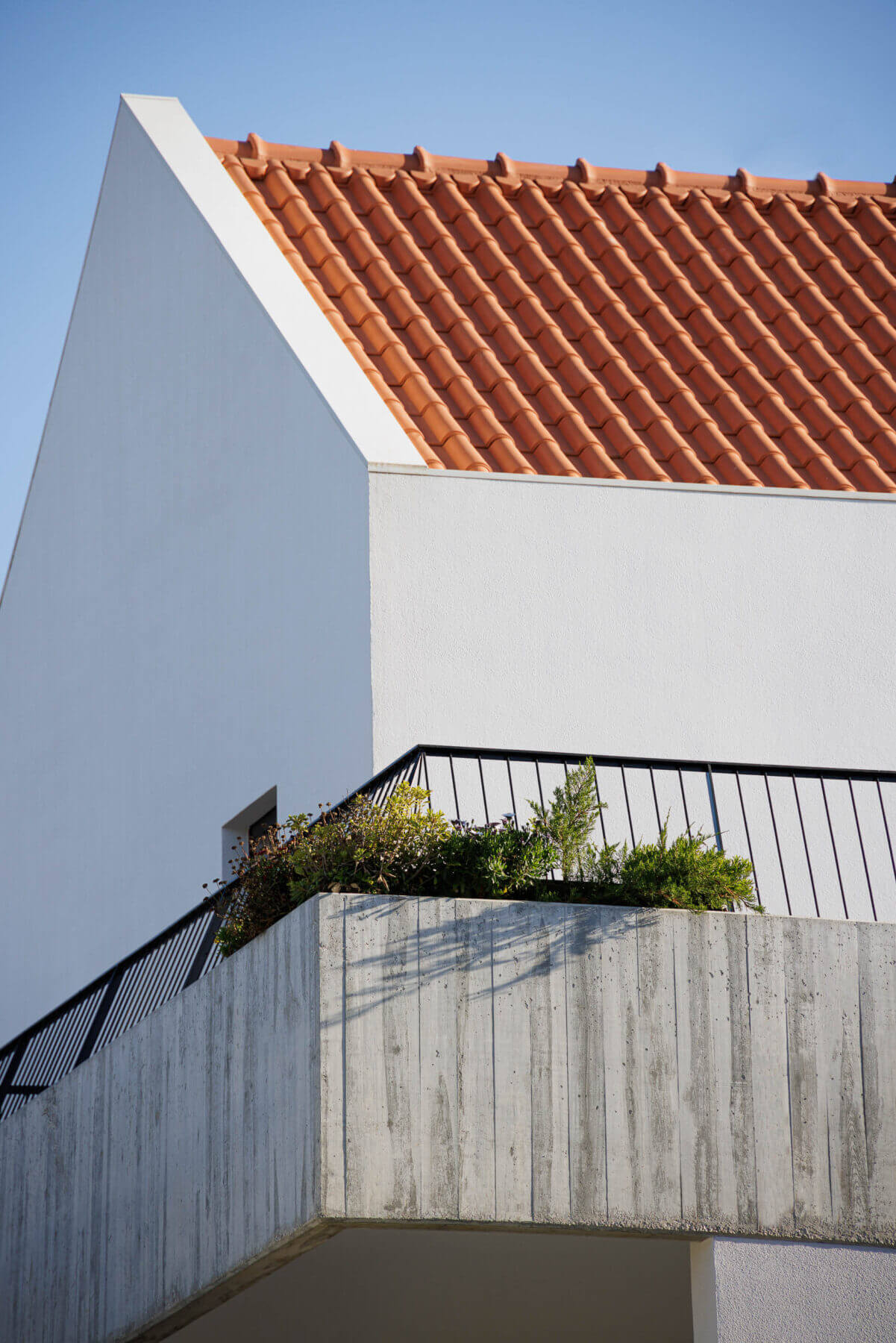 Fachada: Detalhe do telhado cerâmico e varanda em betão aparente com vegetação. — Casas BD arquitetura Esquissos Arquitectura em Sintra