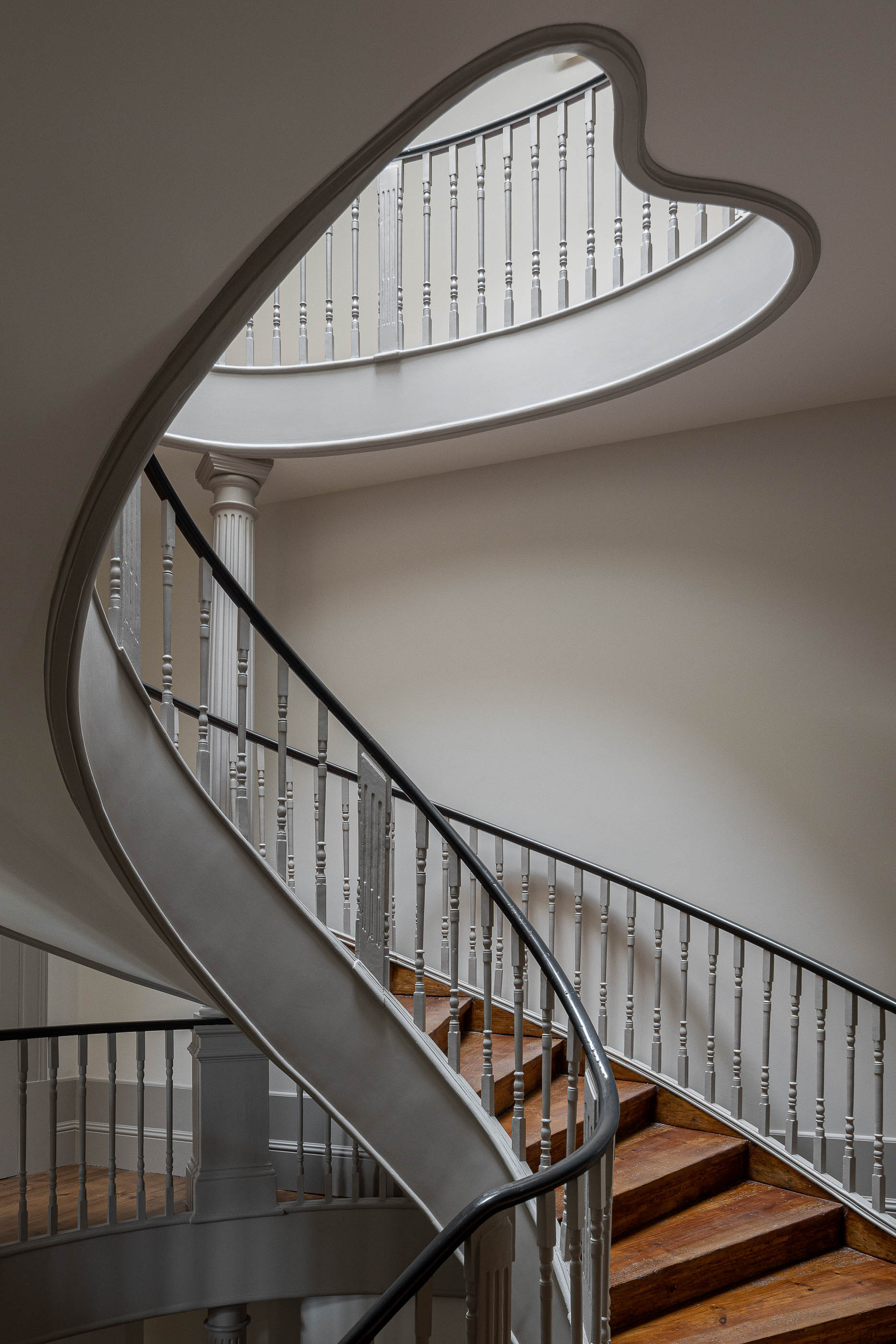 Escadaria: Escadaria em caracol com claraboia no topo, corrimão preto e colunas decorativas. — Antigo Hotel do Louvre arquitetura Diana Barros Arquitectura em Porto