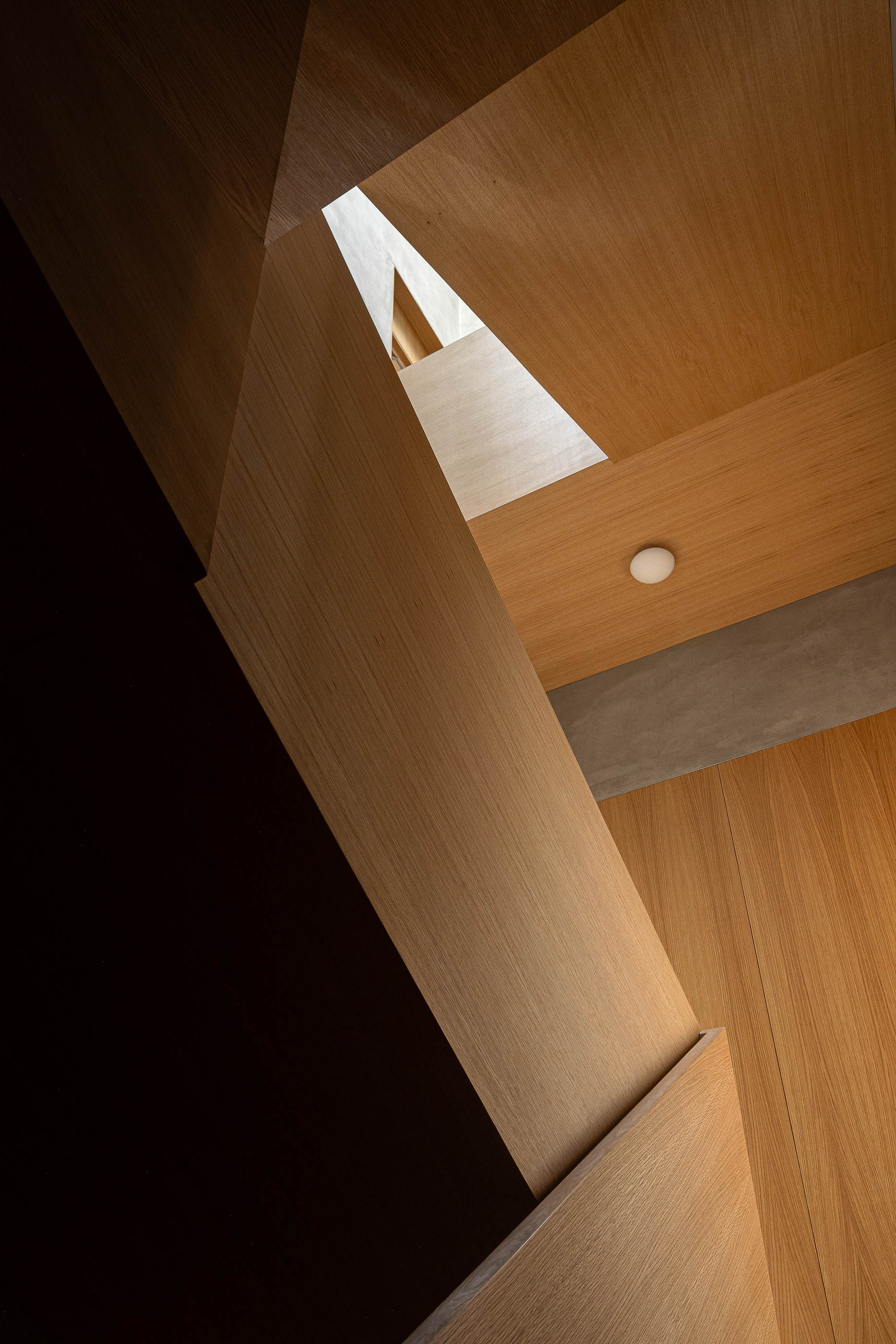 Escadas: Vista ascendente da escada com paredes em madeira clara e candeeiro circular. — Edifício de Mouzinho da Silveira arquitetura Diana Barros Arquitectura em Porto