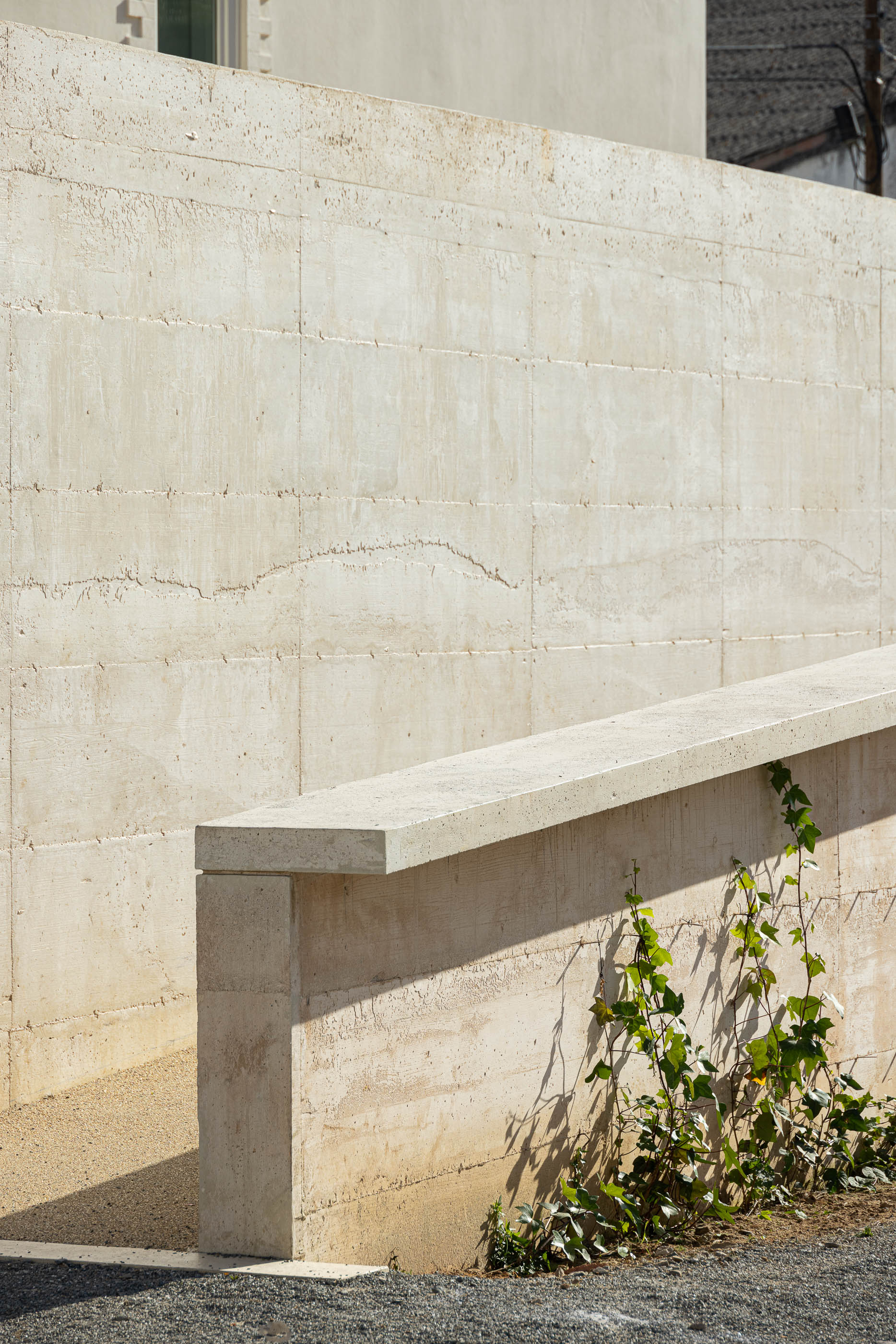 Exterior: Detalhe do muro de betão aparente com rampa e vegetação. — Olaria Municipal arquitetura ARDE Arquitetura+Design em Odemira