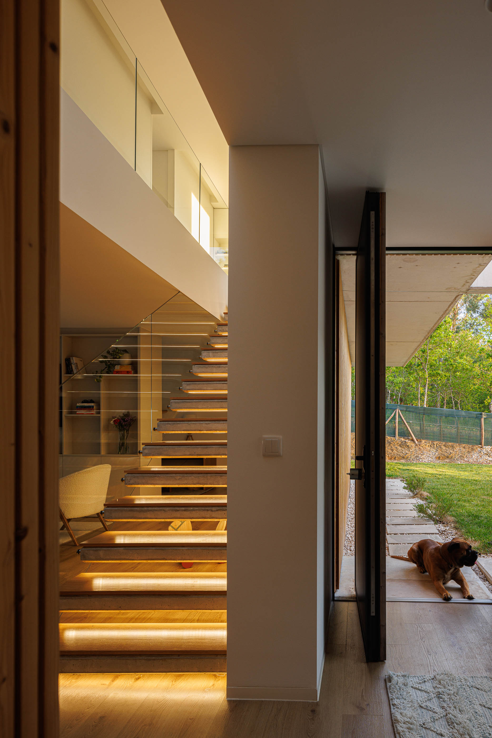 Hall: Escadas iluminadas com madeira, guarda em vidro e porta de entrada aberta. — Casa em Mundão arquitetura Um para Um, arquitectura e engenharia em Viseu