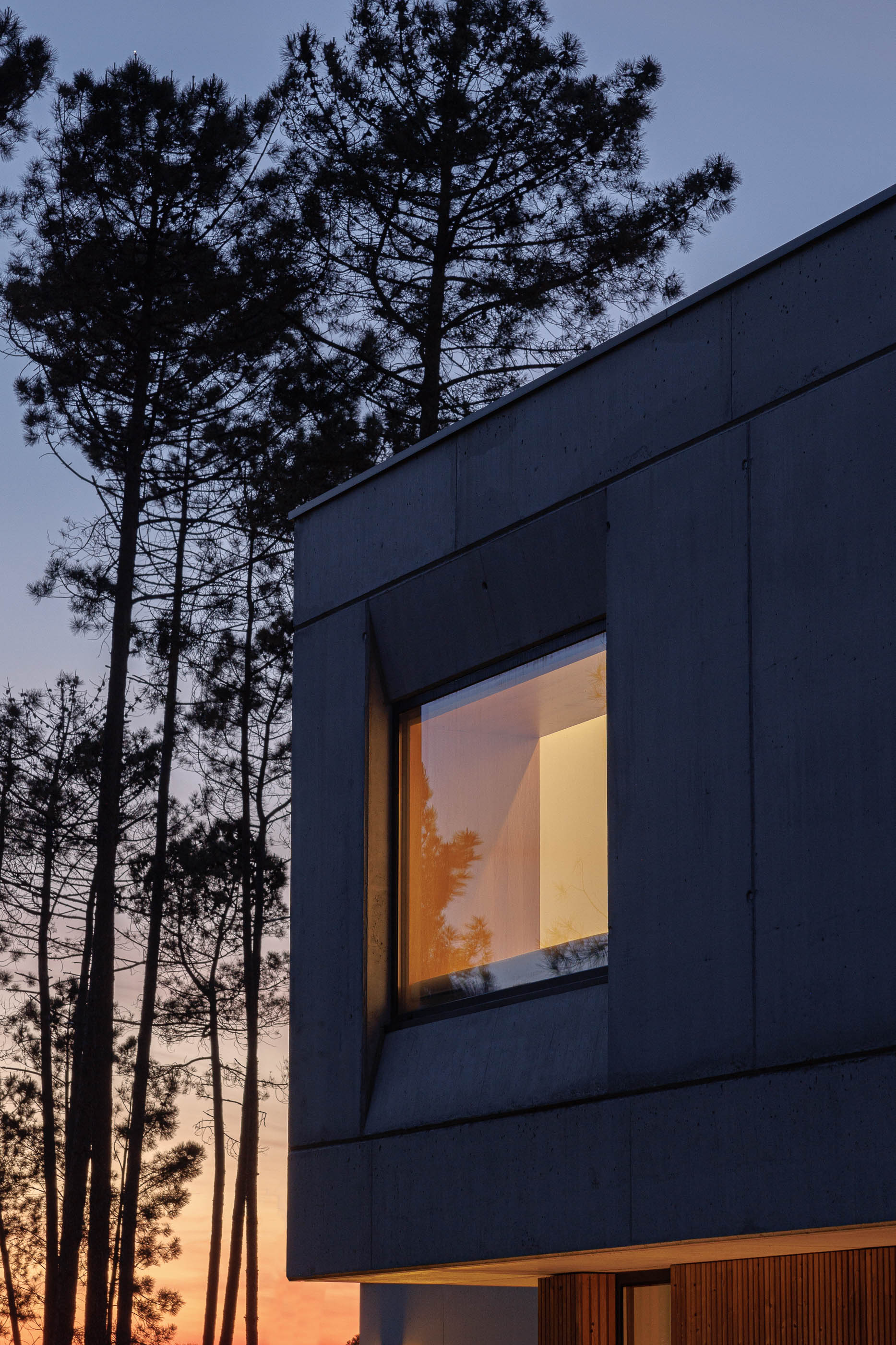 Exterior: Detalhe da fachada da casa ao anoitecer com janelas iluminadas e pinheiros. — Casa em Mundão arquitetura Um para Um, arquitectura e engenharia em Viseu