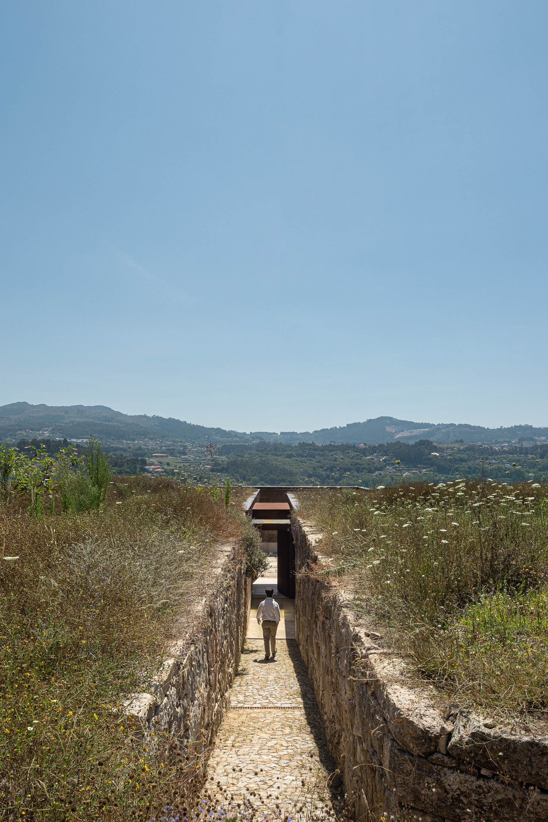 Exterior: Passadiço de acesso à casa, com paredes em pedra e vegetação rústica. — Casa da Levada arquitetura Tsou Arquitectos em Penafiel