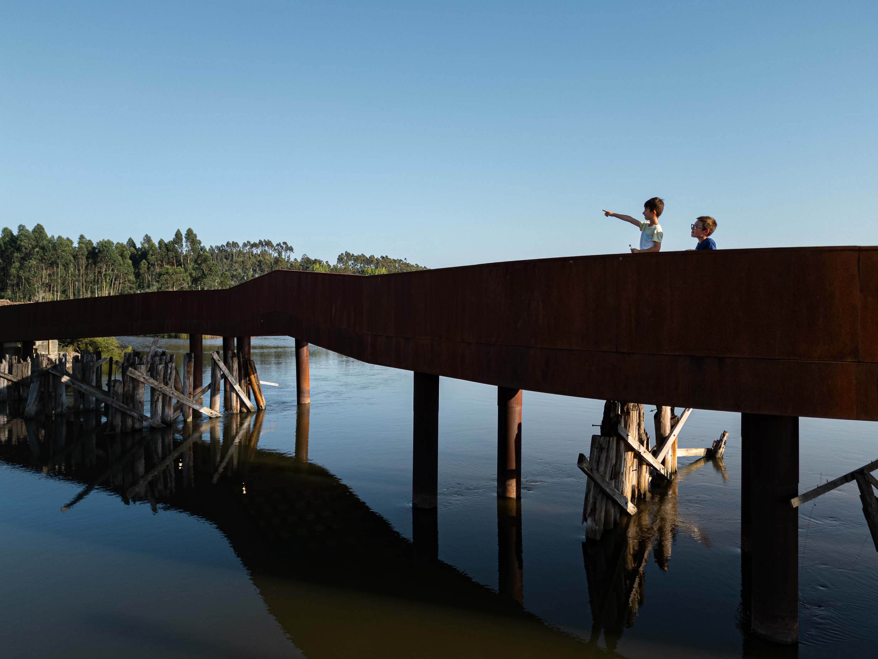 Ponte: Detalhe dos pilares de madeira da antiga ponte, com reflexos na água. — Requalificação da antiga Ponte da Fareja arquitetura Rómulo Neto Arquitectos em Aveiro