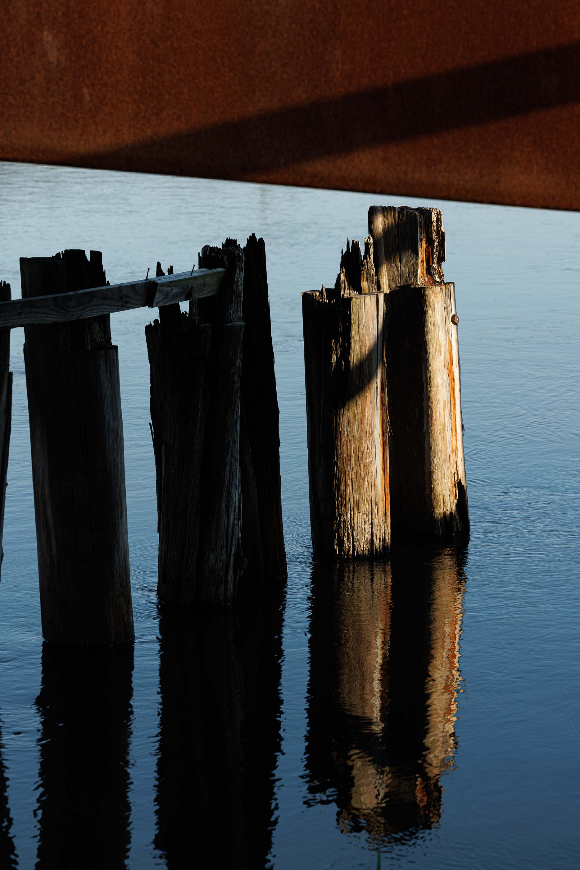Ponte: Criança debruçada sobre a estrutura em aço corten da ponte, a observar a água. — Requalificação da antiga Ponte da Fareja arquitetura Rómulo Neto Arquitectos em Aveiro