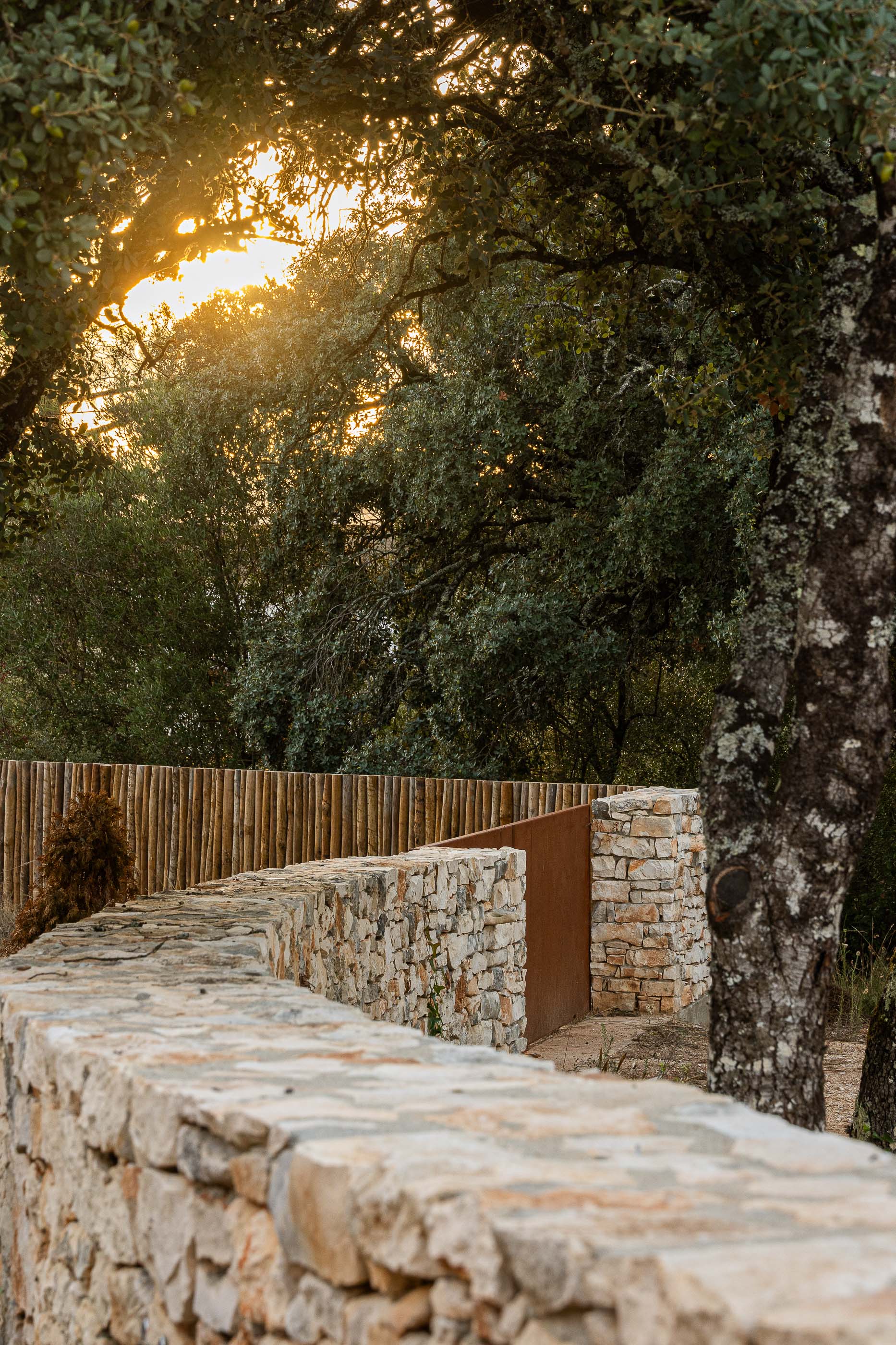 Exterior: Muro de pedra e portão metálico oxidado, com vegetação e luz do sol poente. — Casa na Lameira arquitetura João Pedro Pedrosa - Arquitectos em Fátima