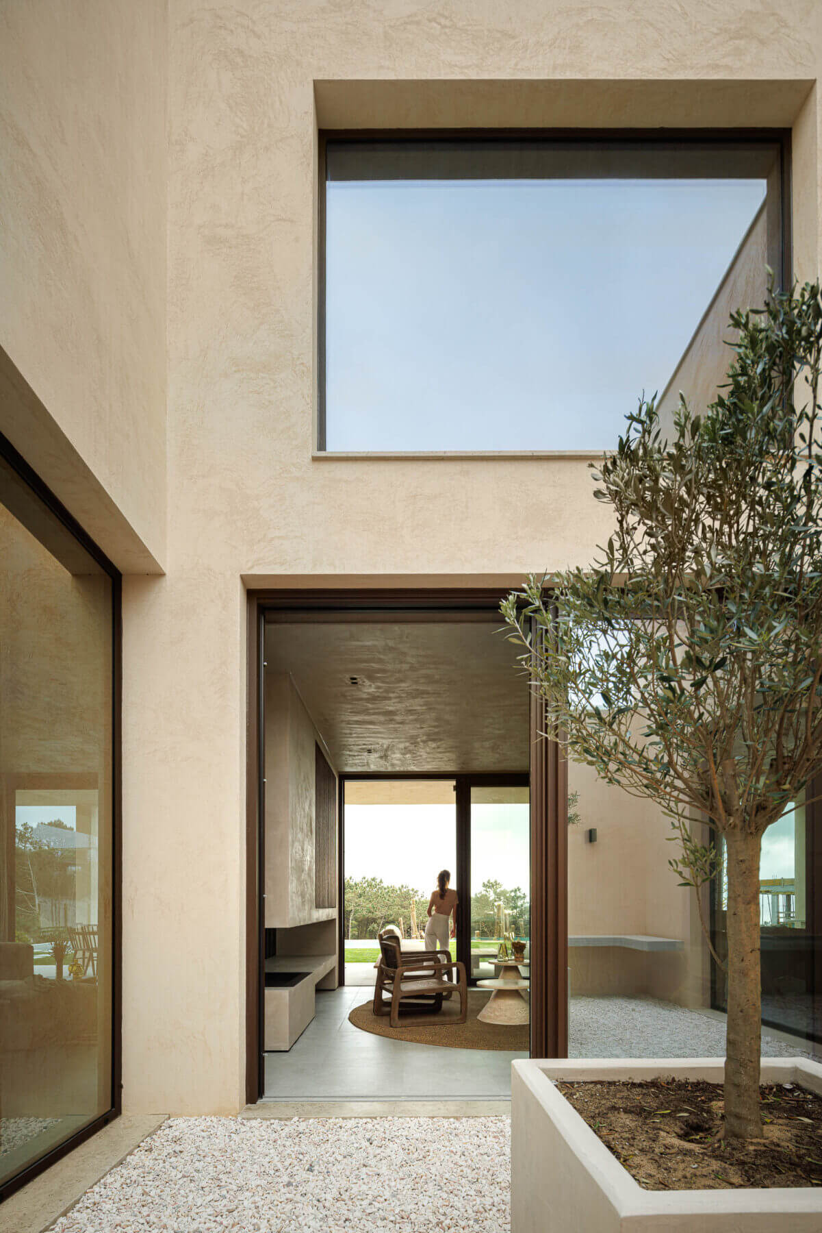 Pátio interior: Oliveira em vaso e vista para a sala de estar com lareira. — Parada das Estrelas arquitetura Solano Soto Architecture Studio em Óbidos