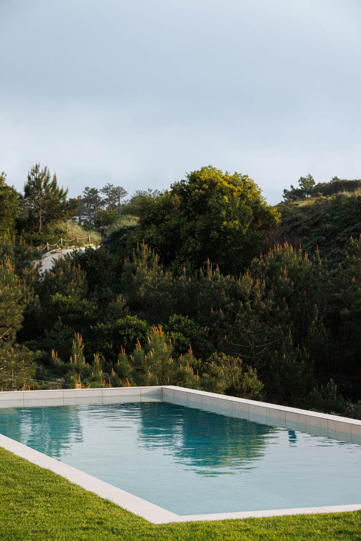 Piscina: Piscina com borda infinita e vista para a vegetação. — Parada das Estrelas arquitetura Solano Soto Architecture Studio em Óbidos