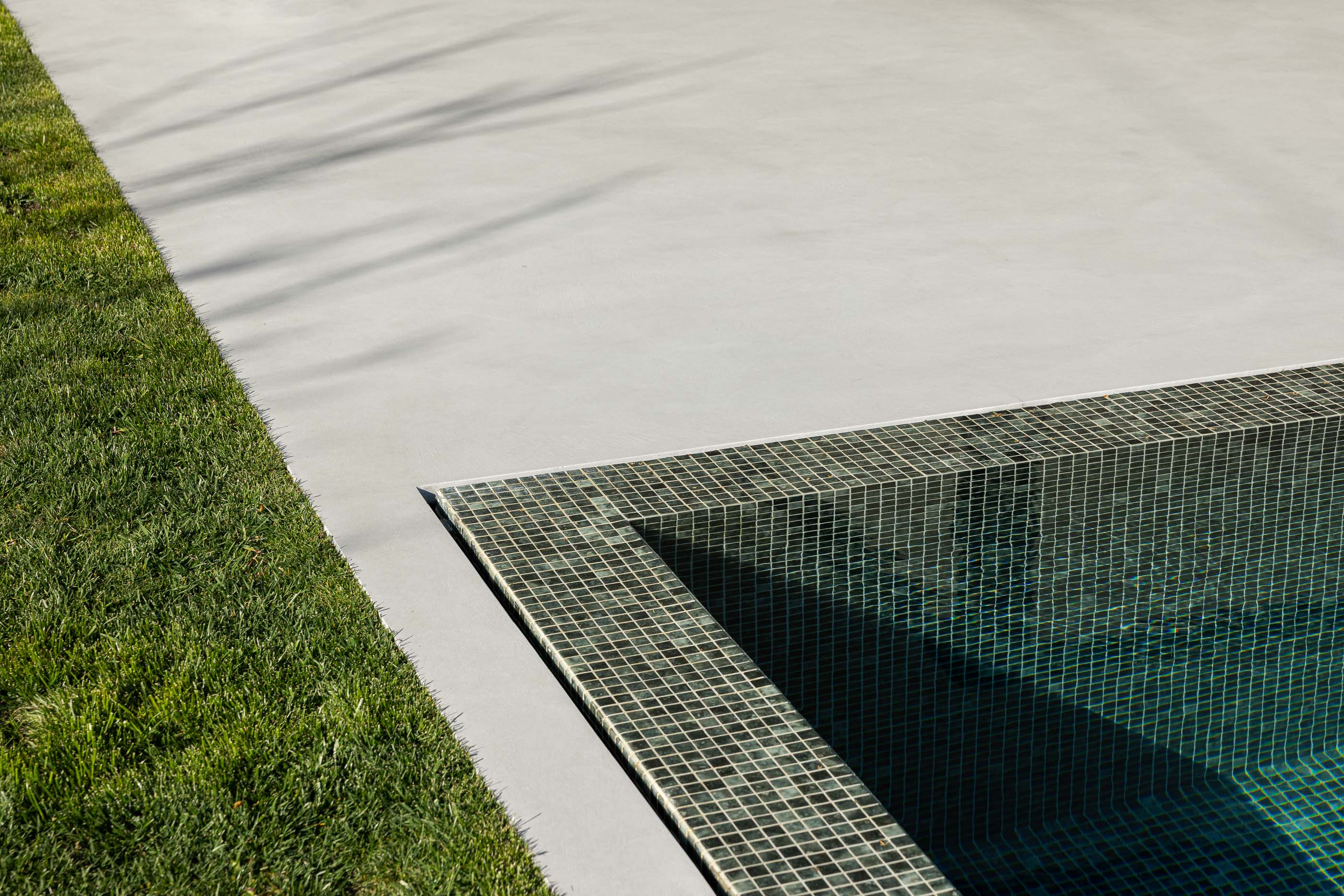 Exterior: Detalhe da piscina com mosaicos e relvado. — Casa M arquitetura silverline em Vila Nova de Gaia