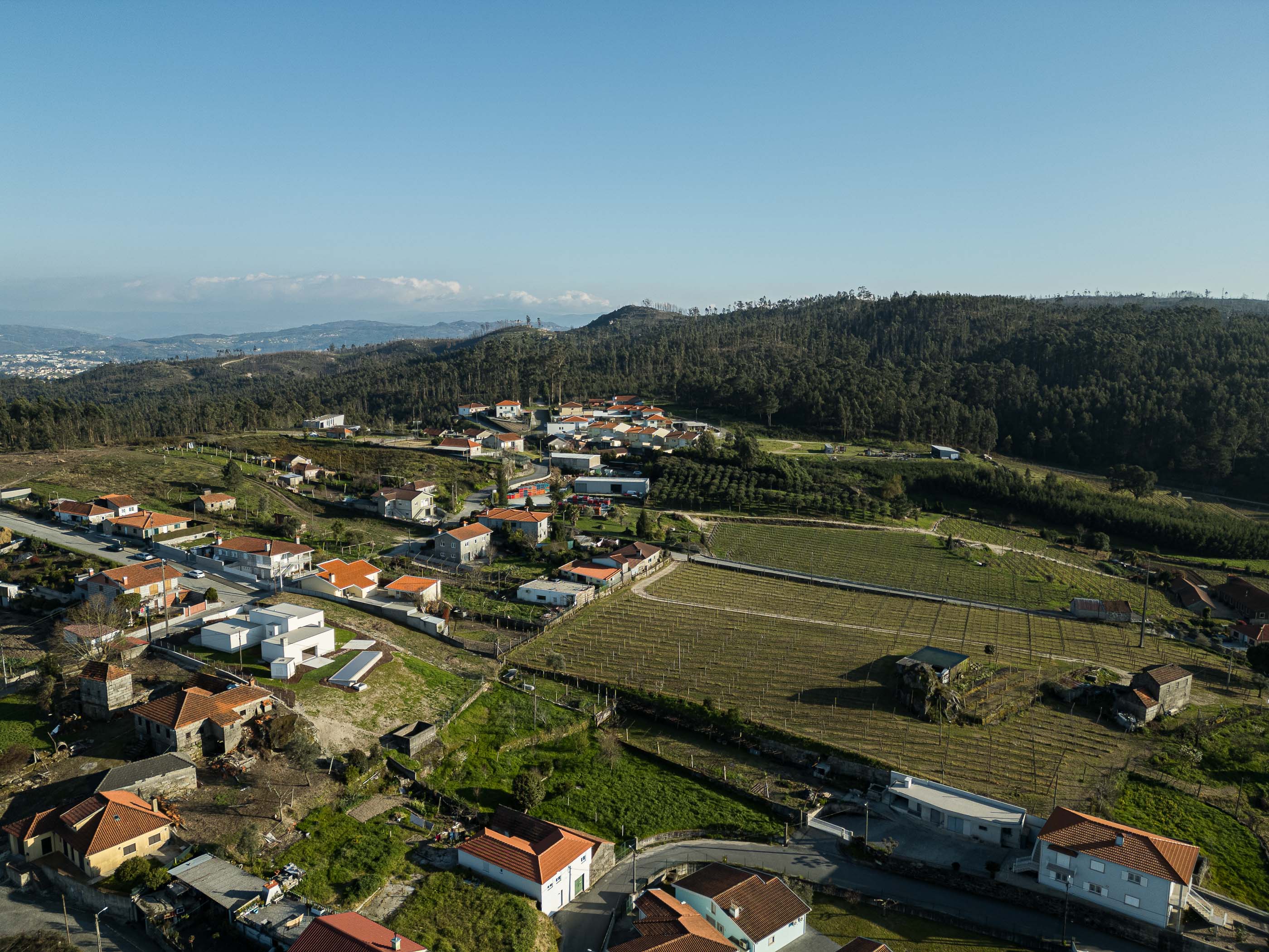 Exterior: Vista aérea da casa integrada na paisagem rural, com vinhas e floresta. — Pedrantil House arquitetura Helder da Rocha Arquitectos em Penafiel