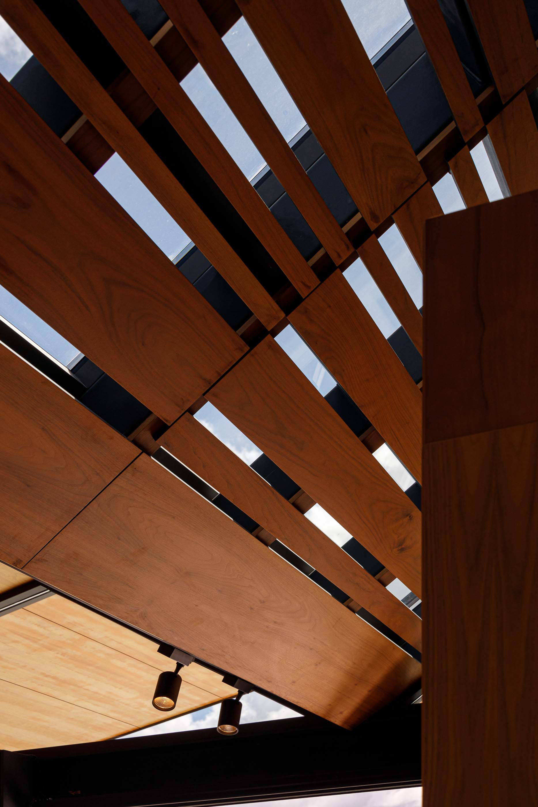 Teto: Detalhe do teto em madeira com iluminação embutida e claraboias. — Casa dos Alcoutins arquitetura Paulo Martins Arquitectura e Design em Lisboa