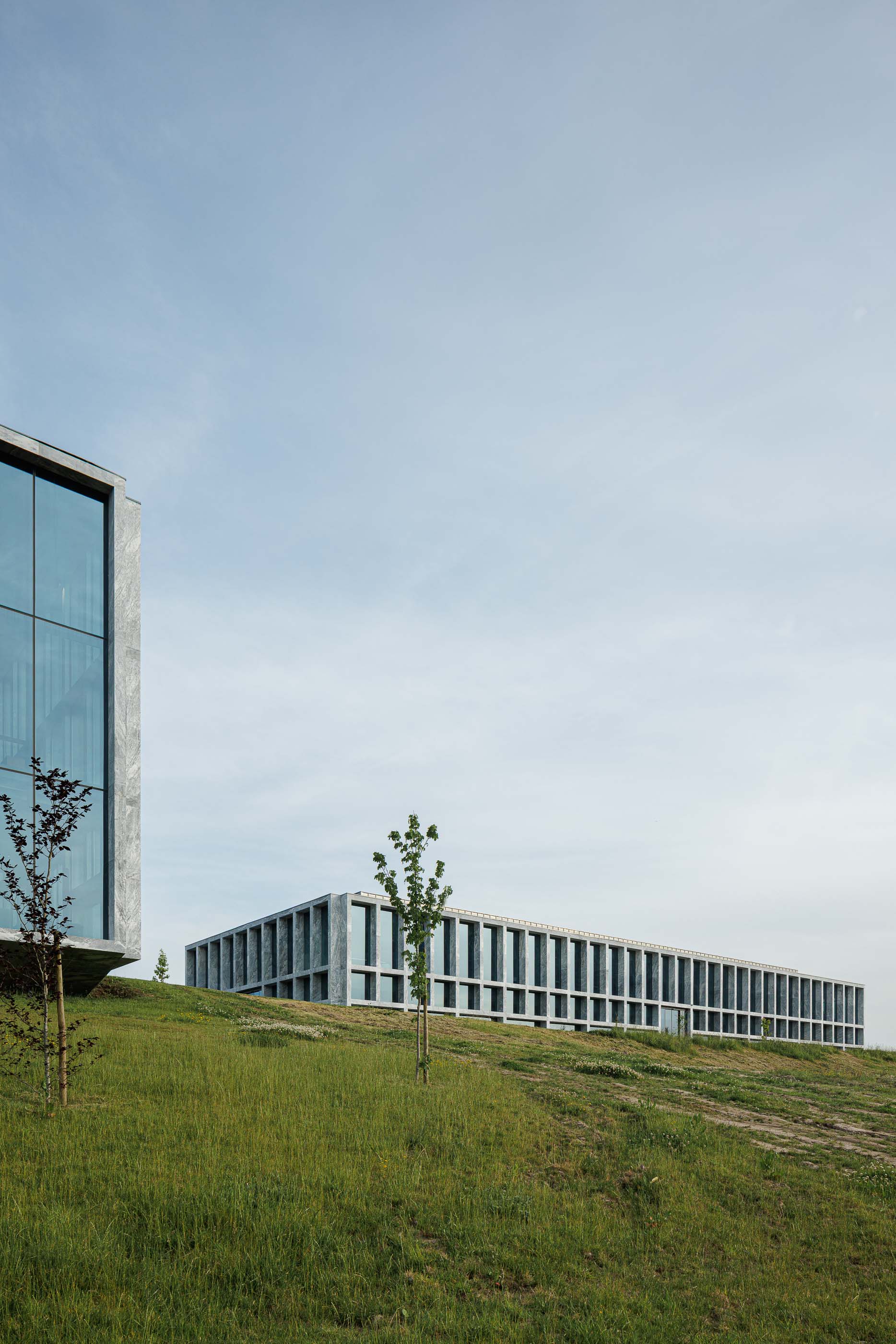 Exterior: Vista dos dois edifícios do Metyis Digital Campus, com relvado e céu azul. — Metyis Digital Campus arquitetura UNUM - Oficina de Arquitetura em Gondomar