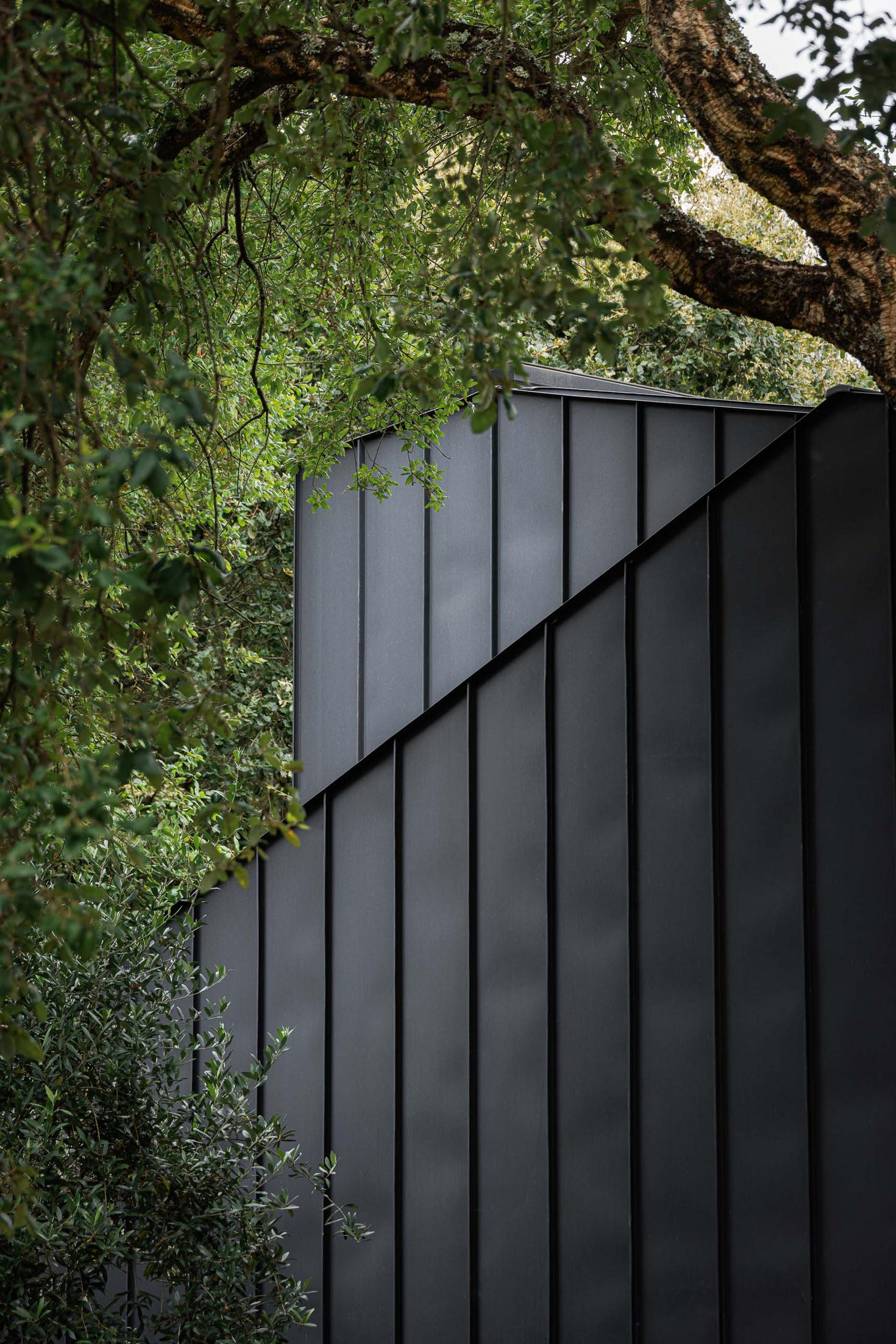 Exterior: Detalhe da fachada preta com revestimento metálico e vegetação. — CC House – Quinta dos Carvalhos arquitetura Inception Architects Studio em Leiria