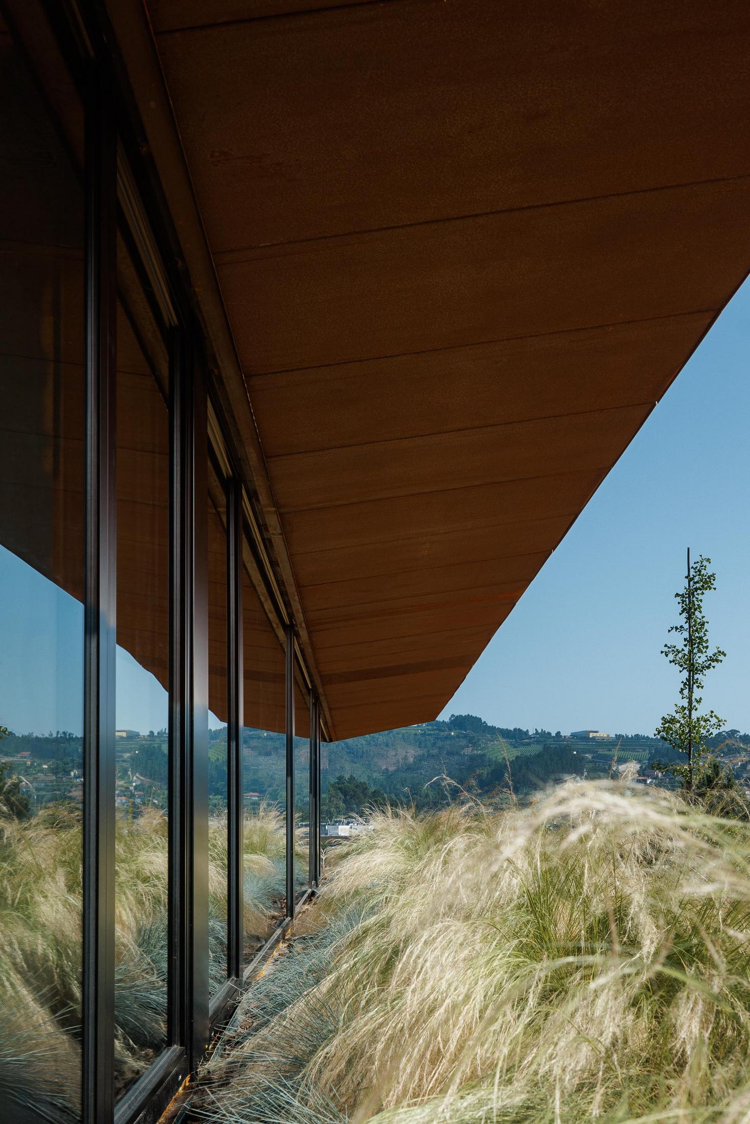 Exterior: Detalhe da fachada envidraçada com revestimento em aço corten, com vegetação alta em primeiro plano. — Casa Corten arquitetura HPA Arquitetura e Investimentos em Celorico de Basto