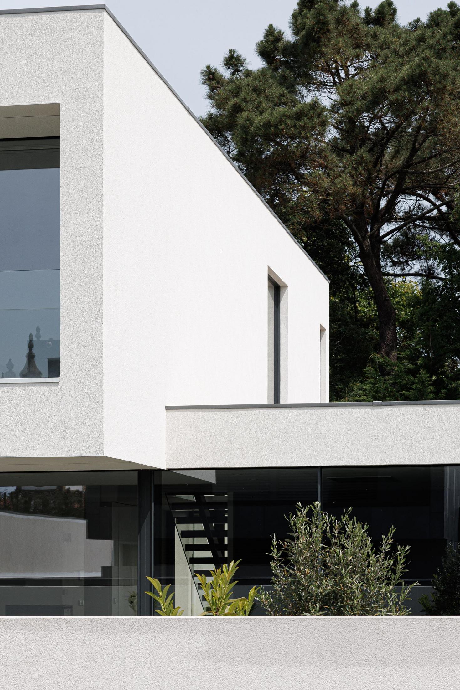 Exterior: Detalhe da fachada branca com janelas e vegetação. — Casa dos Sobreiros II arquitetura Urbanpolis em Póvoa de Varzim
