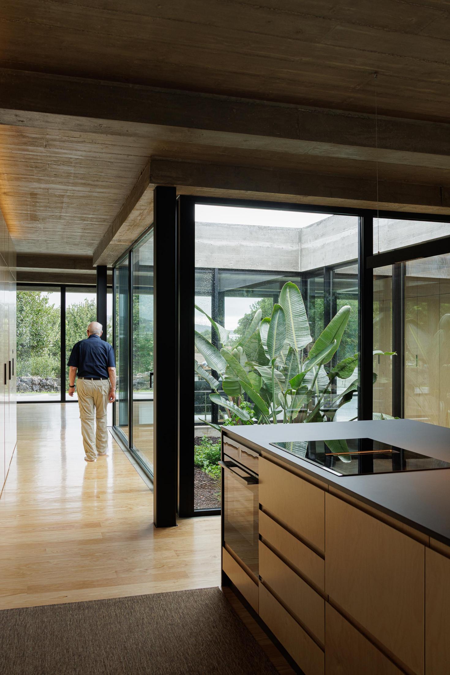 Cozinha: Ilha central com placa, armários em contraplacado e pavimento em madeira. Pátio interior com vegetação. — Casa CR arquitetura SO Arquitetura & Design em São Miguel
