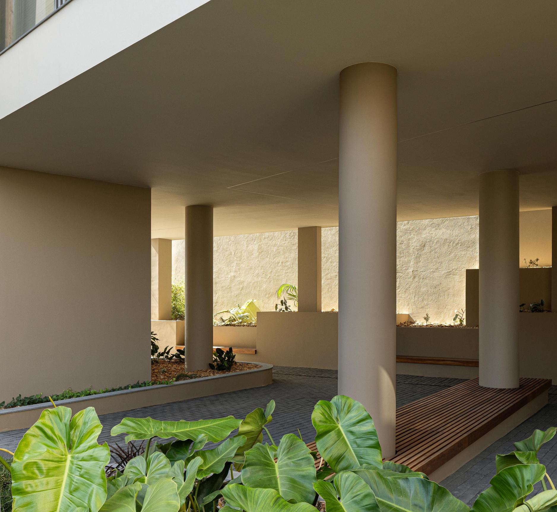 Pátio interior: Espaço coberto com colunas, bancos de madeira e vegetação tropical. — ERNESTO DO CANTO - condomínio arquitetura BOX arquitectos em Ponta Delgada