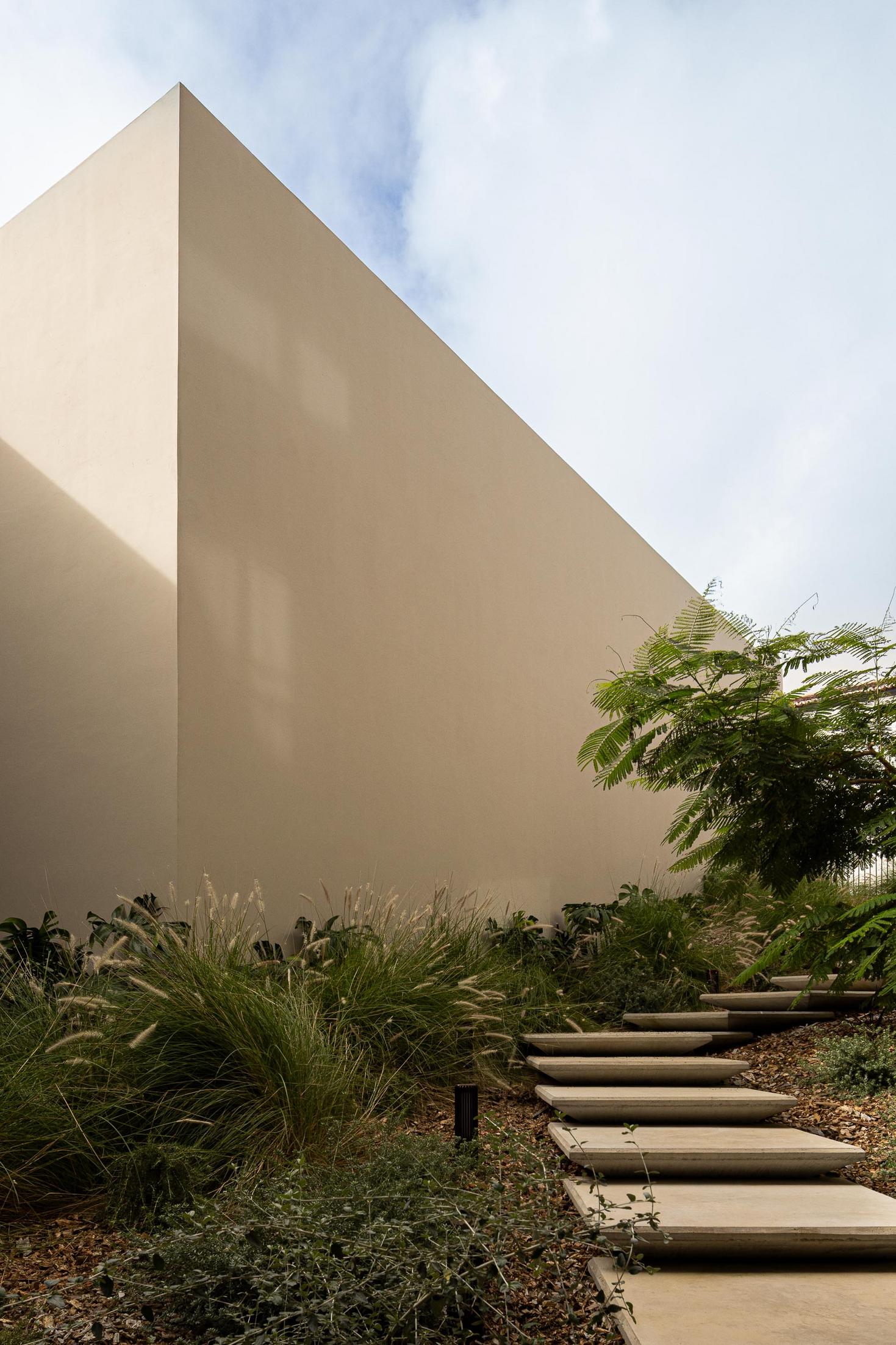 Jardim: Escadas de acesso ao jardim, com vegetação e parede exterior. — ERNESTO DO CANTO - condomínio arquitetura BOX arquitectos em Ponta Delgada
