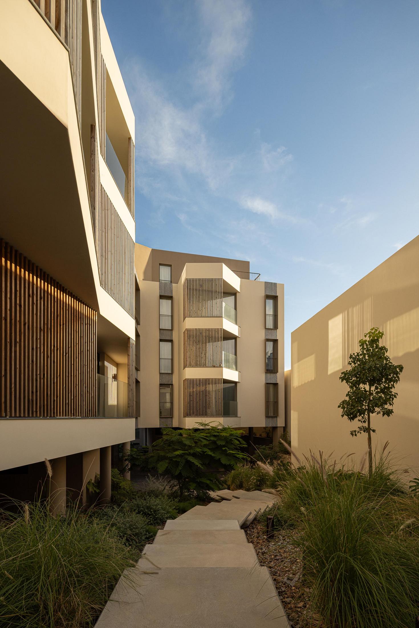 Jardim: Escadas de acesso ao jardim, com vegetação e vista do edifício. — ERNESTO DO CANTO - condomínio arquitetura BOX arquitectos em Ponta Delgada
