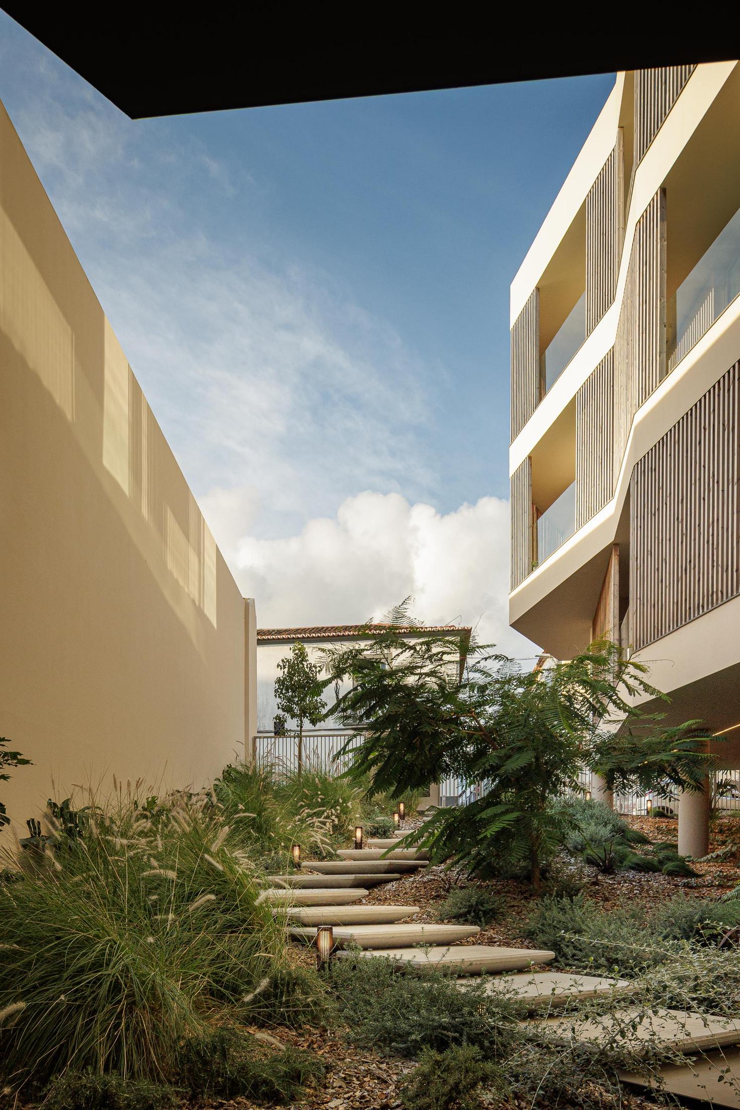 Jardim: Escadas de acesso ao jardim, com vegetação e iluminação. — ERNESTO DO CANTO - condomínio arquitetura BOX arquitectos em Ponta Delgada