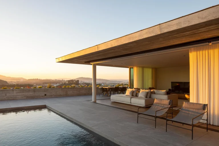 Exterior: Alpendre com cadeiras e vista para a paisagem ao p&ocirc;r do sol. &mdash; CASA A arquitetura L2C Arquitetura em Braga